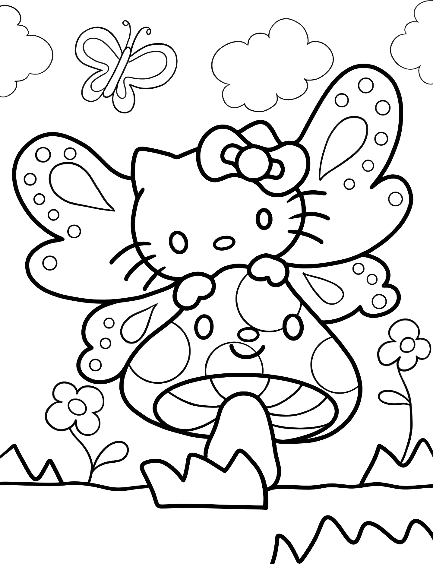 Милый Hello Kitty обнимает гриб №8176. Раскраски для девочек по категориям. Хелло Китти (Hello Kitty).