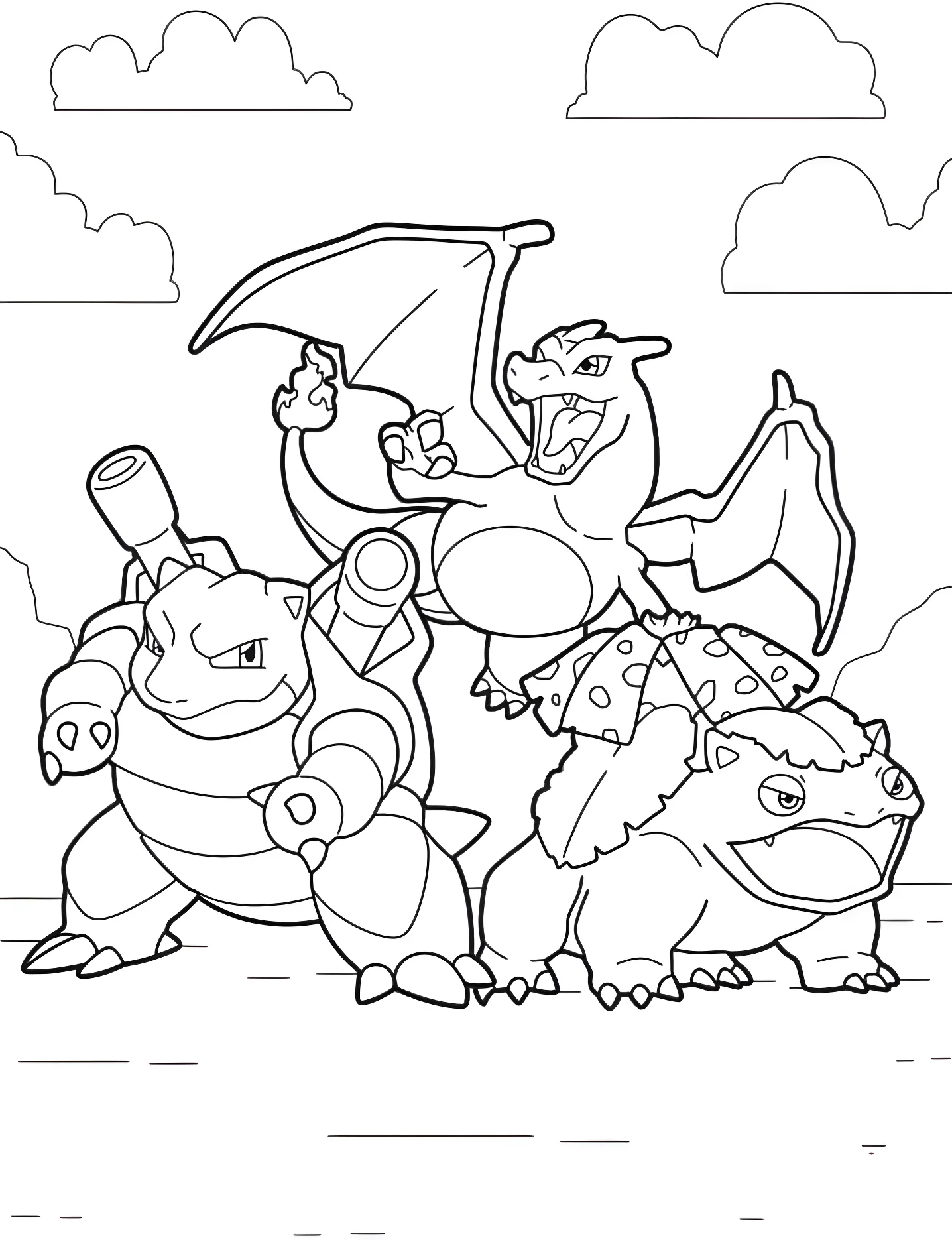 Забавные покемоны Чарizard, Blastoise и Venosaur №6231. Раскраски для девочек по категориям. Чаризард (Charizard).