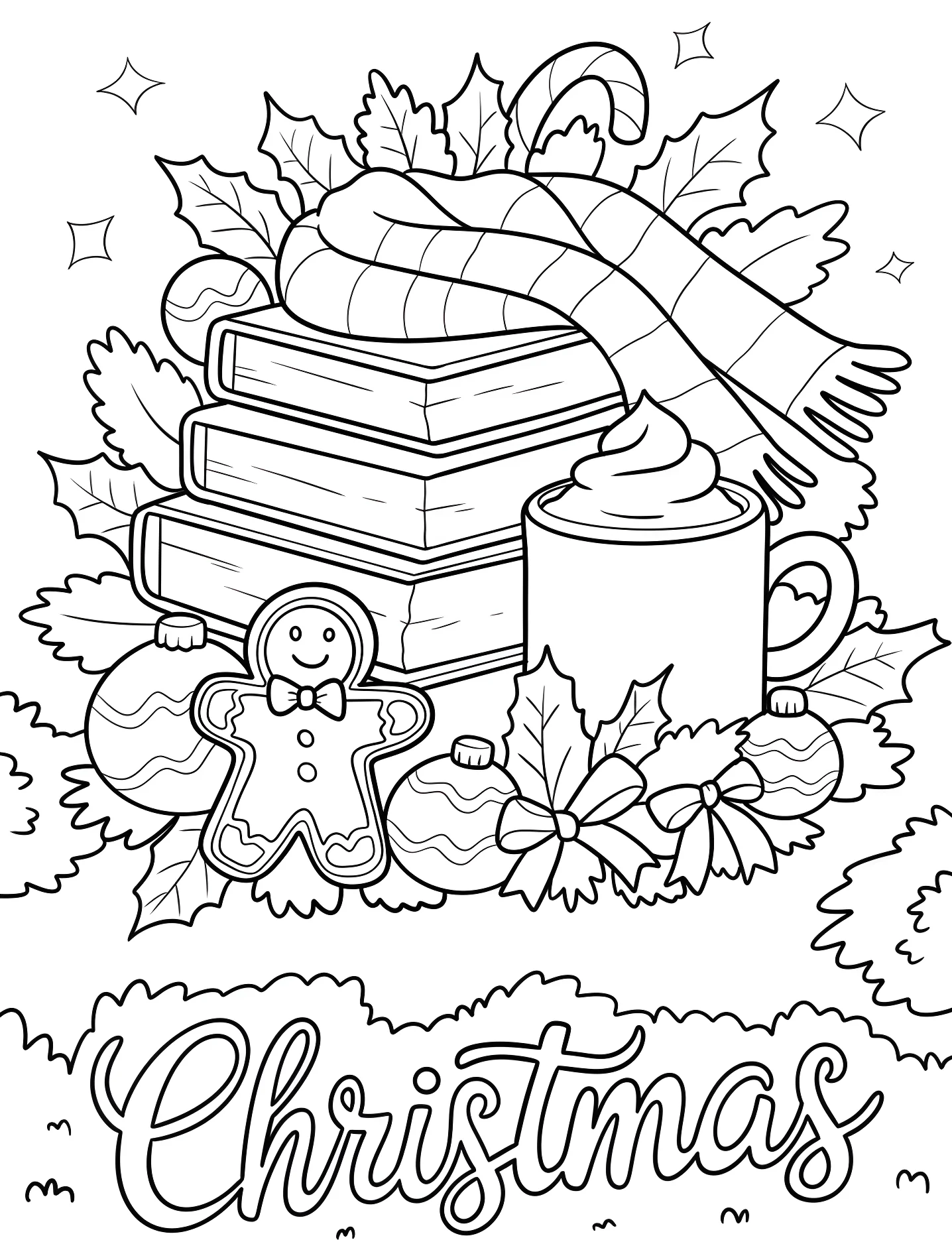 Рождественский венок с книгами и имбирным пряником №6374. Раскраски для девочек по категориям. Рождество (Christmas).