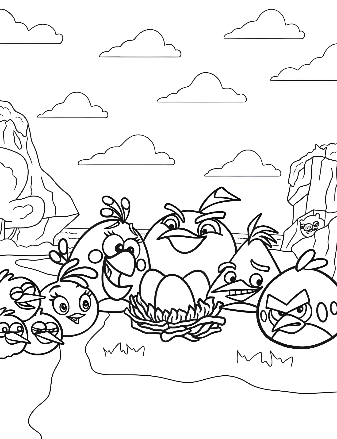Веселые Angry Birds и яйца в гнезде №5396. Раскраски для девочек по категориям. Энгри Бердс (Angry Birds).