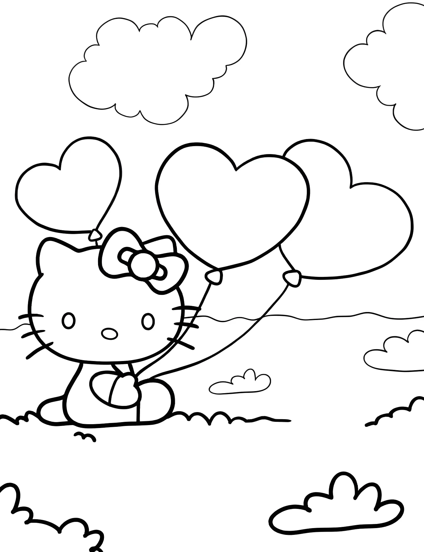 Hello Kitty с воздушными шарами в форме сердца №8180. Раскраски для девочек по категориям. Хелло Китти (Hello Kitty).