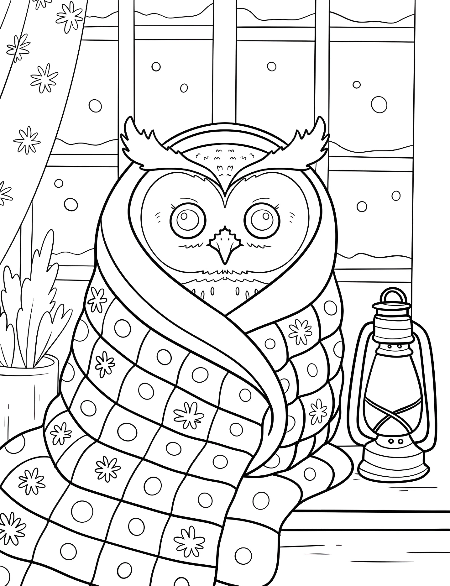 Милая сова в пледе №9185. Раскраски для девочек по категориям. Сова (Owl).