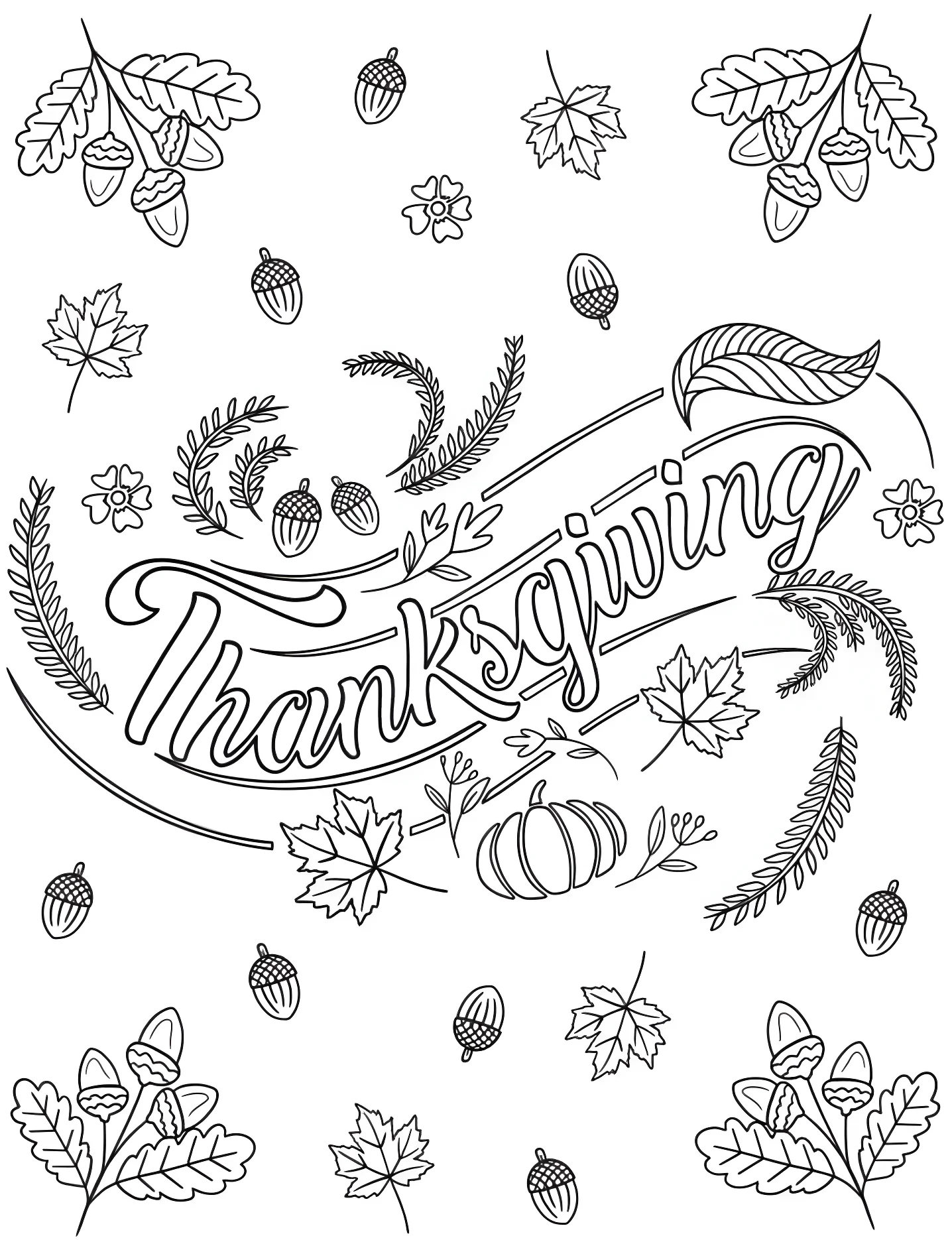 Осенние листья и надпись Thanksgiving №10346. Раскраски для девочек по категориям. День благодарения (Thanksgiving).