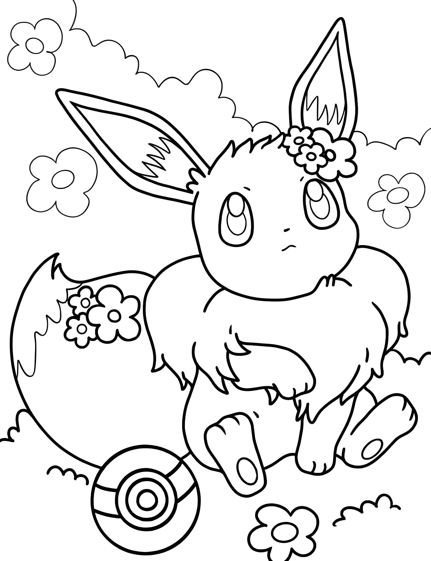 Милый Eevee с цветами №7199. Раскраски для девочек по категориям. Иви (Eevee).
