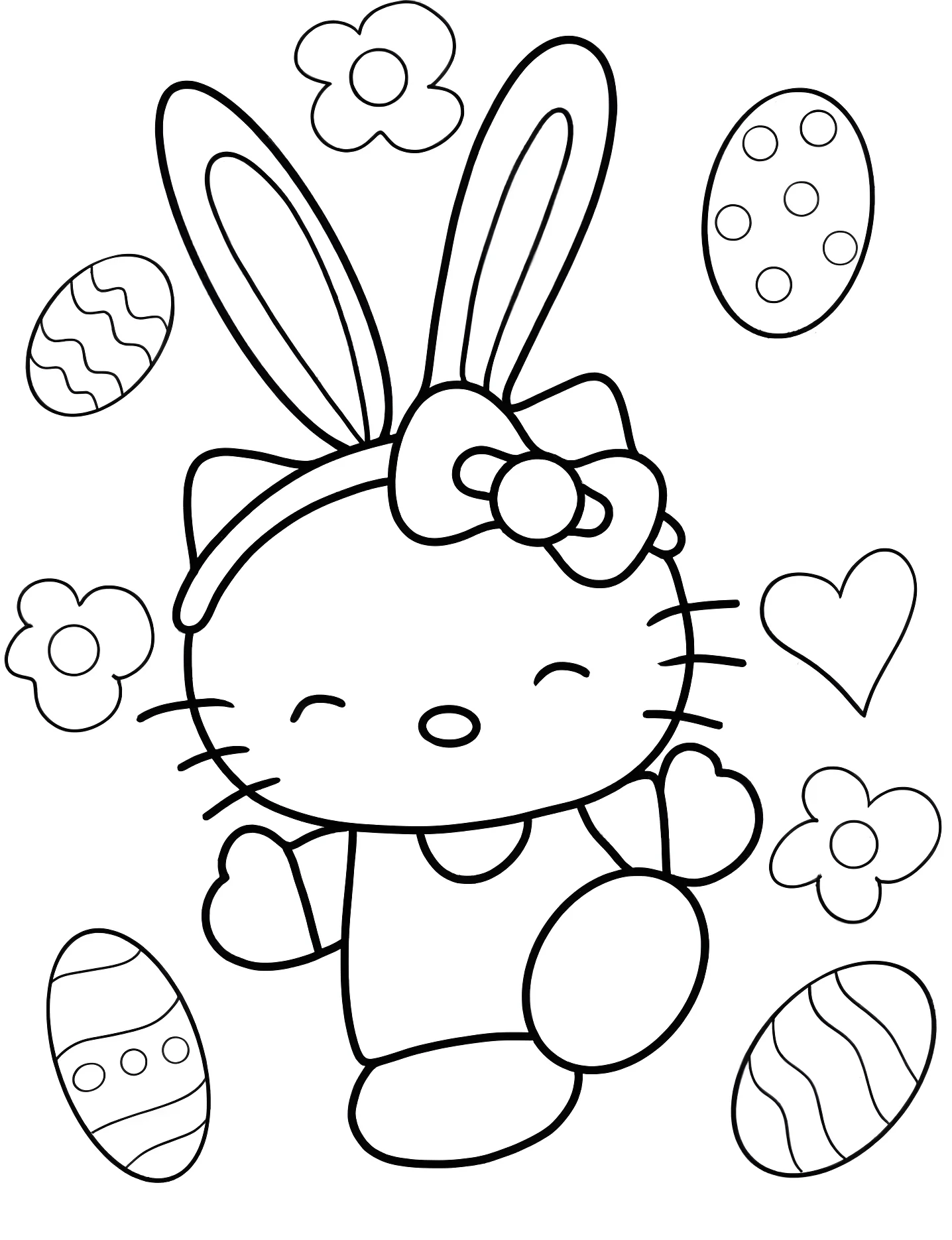 Милая Hello Kitty в заячьих ушах №8186. Раскраски для девочек по категориям. Хелло Китти (Hello Kitty).