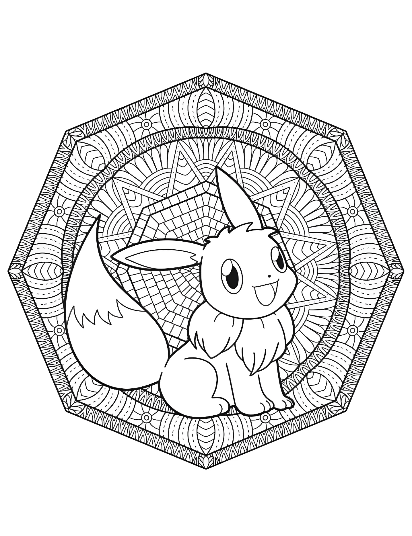 Милый Eevee в октагональной мандале №9484. Раскраски для девочек по категориям. Покемон (Pokemon).