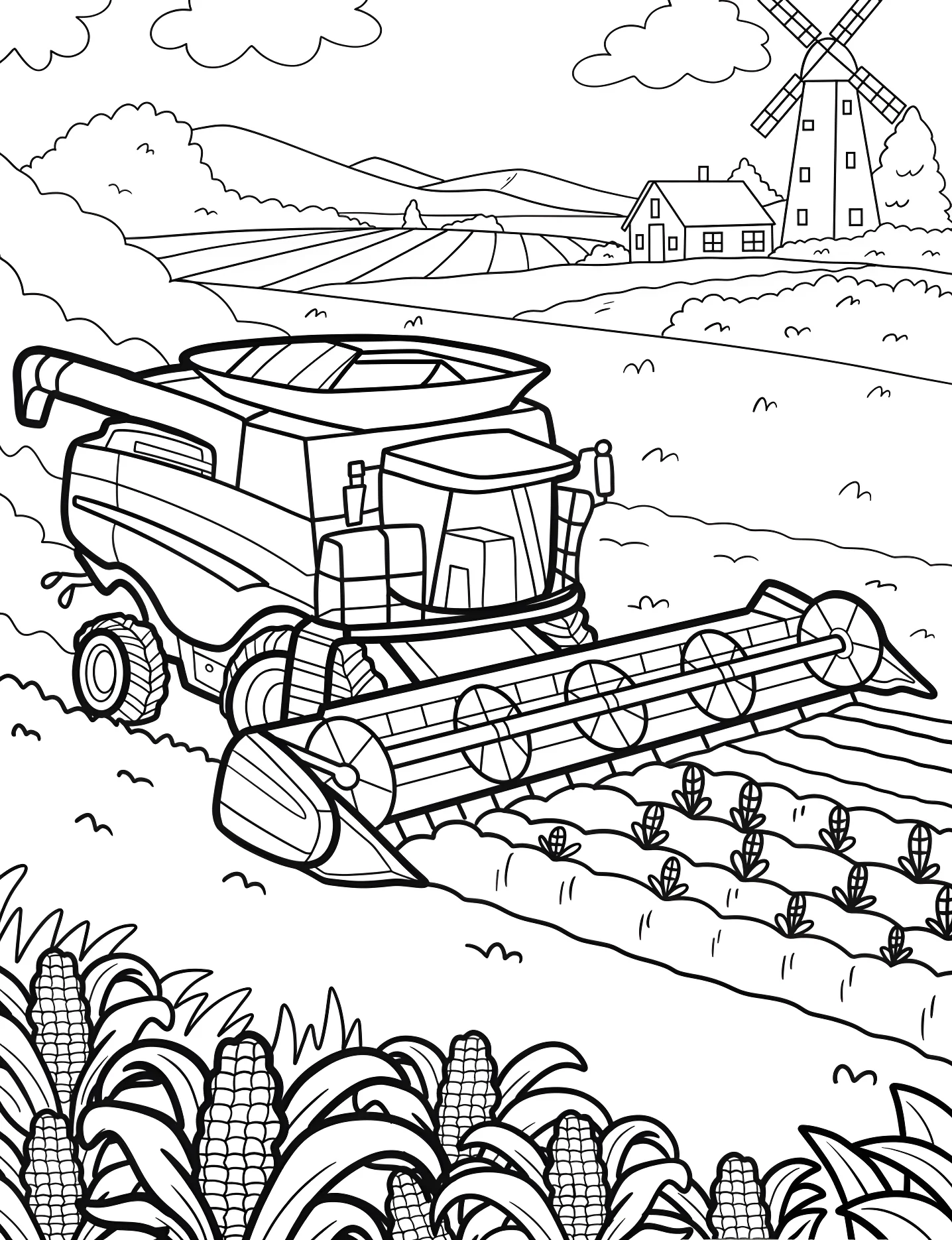 Комбайн на поле №7487. Раскраски для девочек по категориям. Ферма (Farm).