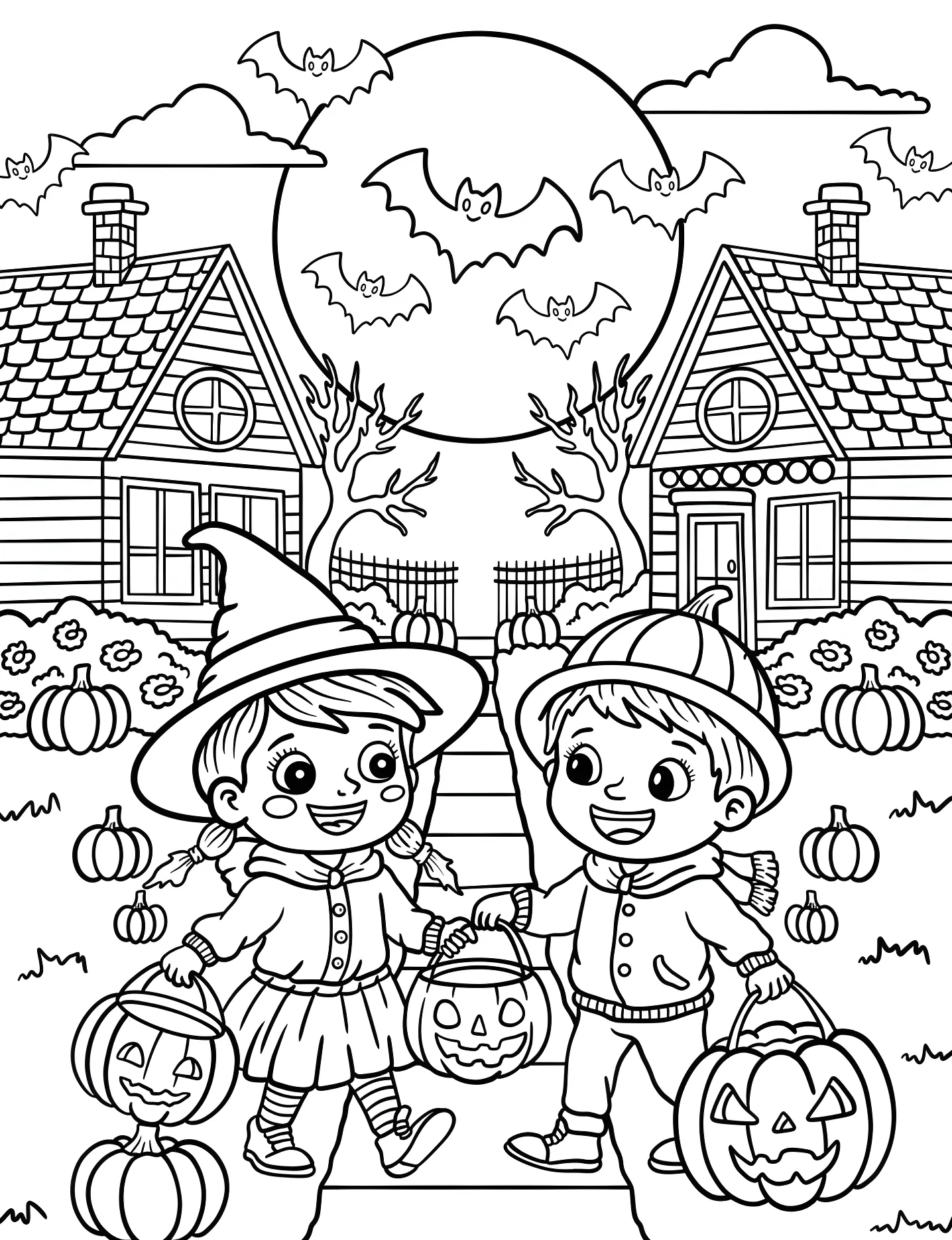 Дети на Хэллоуин №7366. Раскраски для девочек по категориям. Осень (Fall).