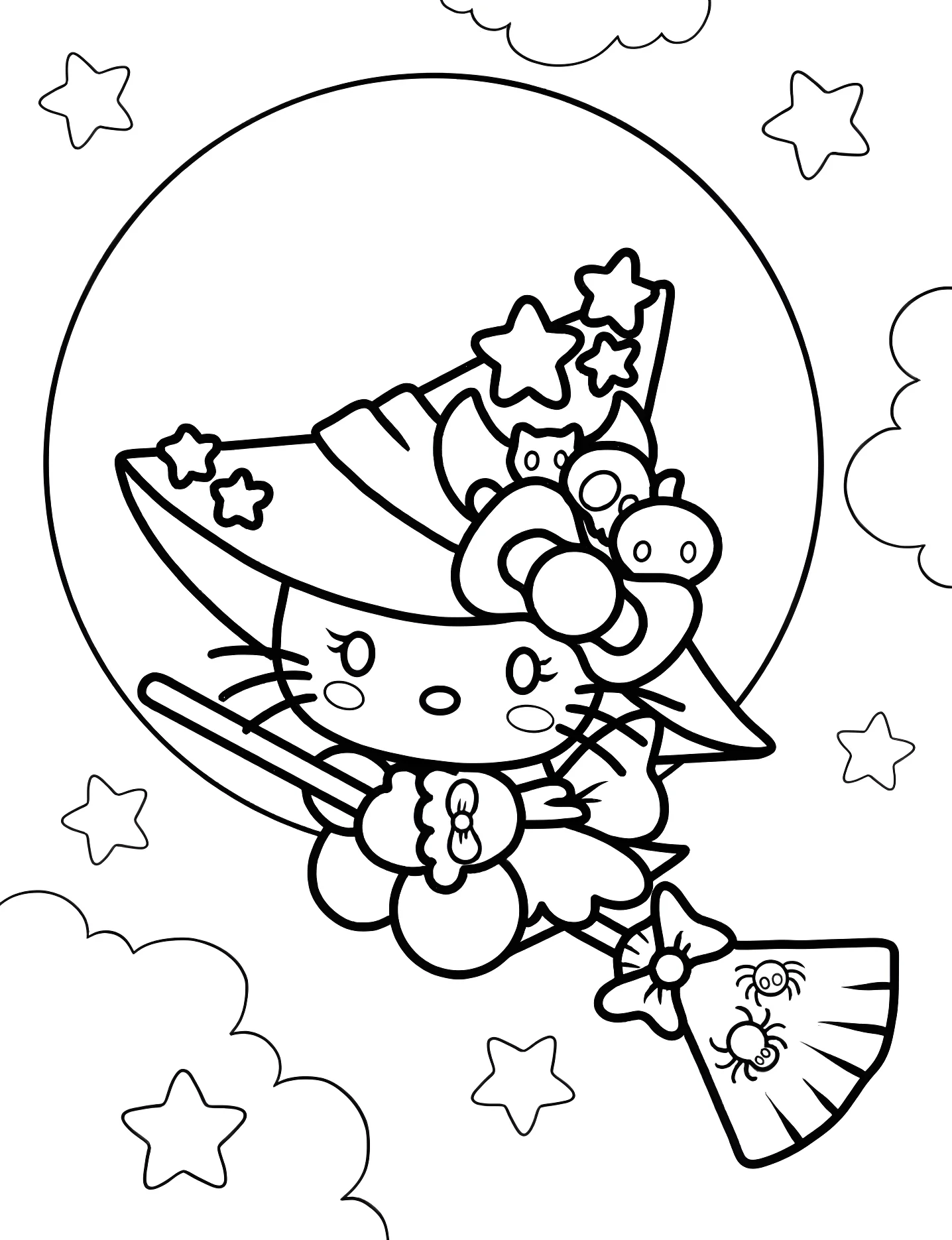 Милая Hello Kitty ведьма на метле №8196. Раскраски для девочек по категориям. Хелло Китти (Hello Kitty).