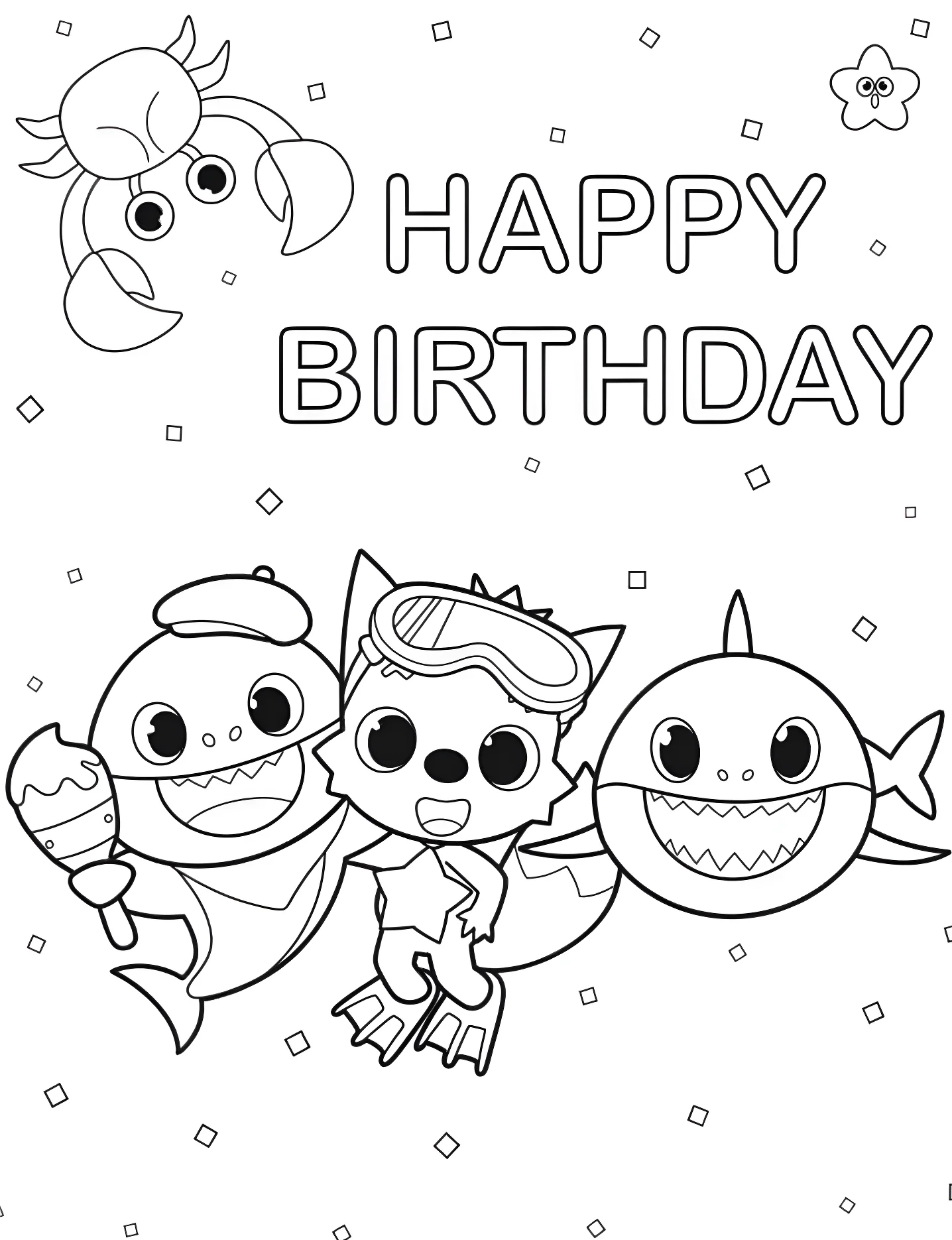 Веселый День Рождения с Baby Shark №5475. Раскраски для девочек по категориям. Бэби Шарк (Baby Shark).