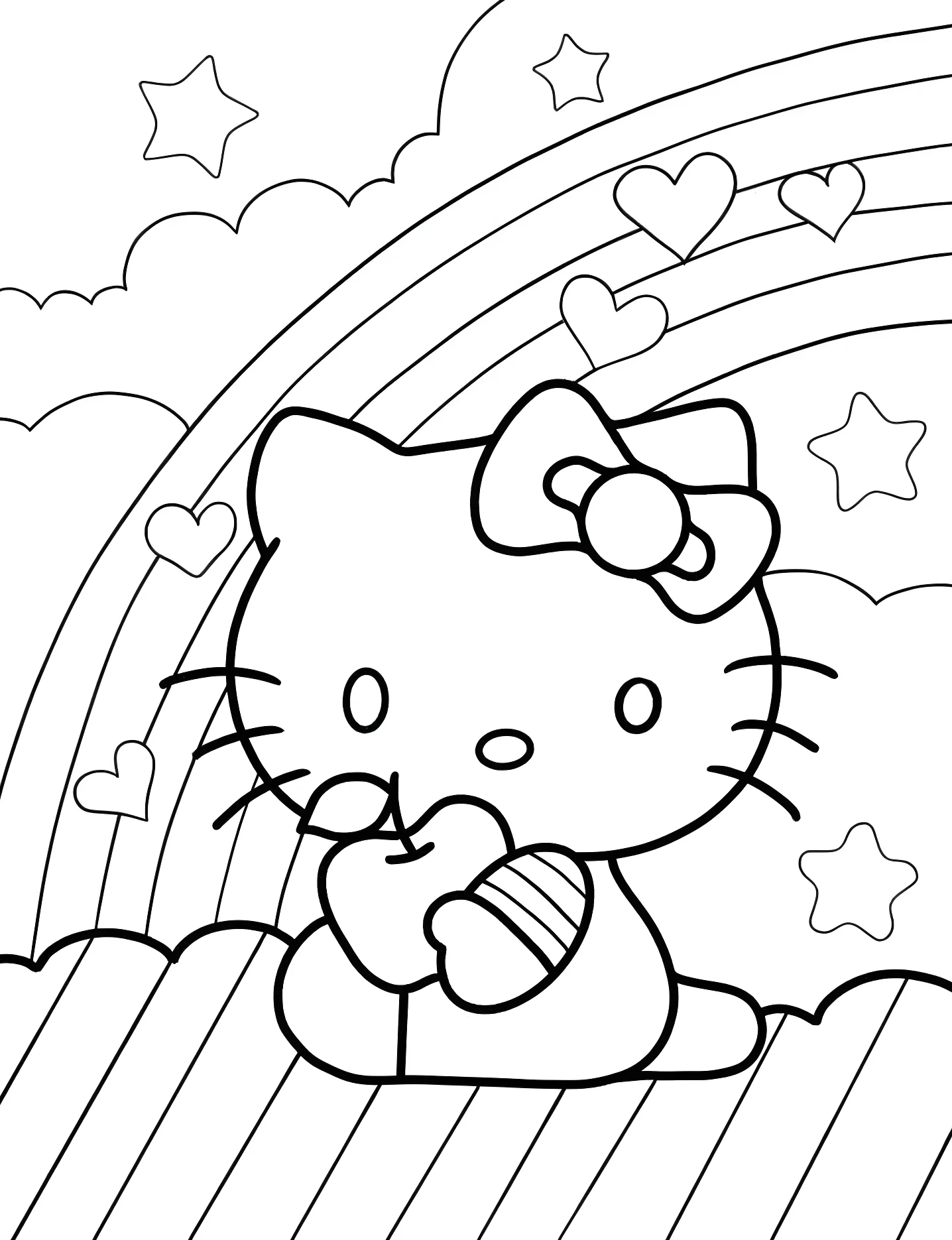 Милая Hello Kitty с яблоком №8208. Раскраски для девочек по категориям. Хелло Китти (Hello Kitty).