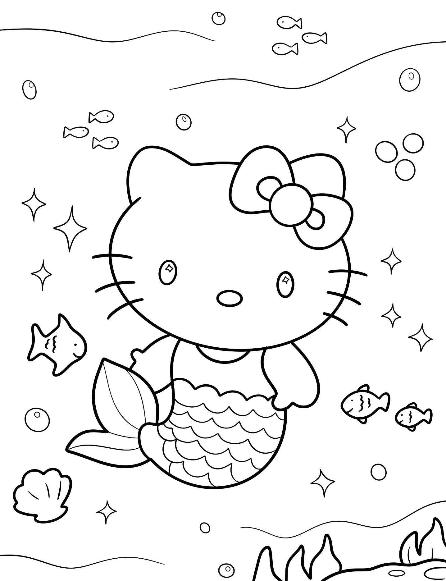 Hello Kitty русалочка под водой №8737. Раскраски для девочек по категориям. Русалка (Mermaid).