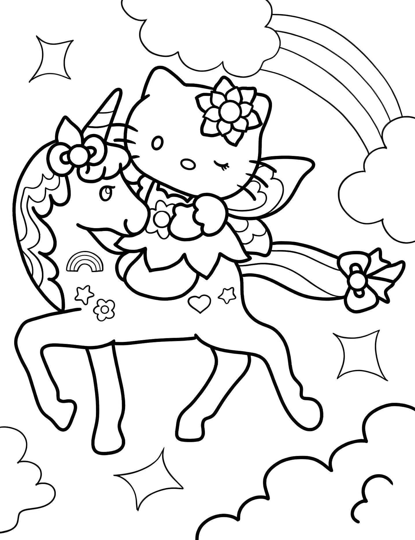 Милая Hello Kitty на единороге №8222. Раскраски для девочек по категориям. Хелло Китти (Hello Kitty).
