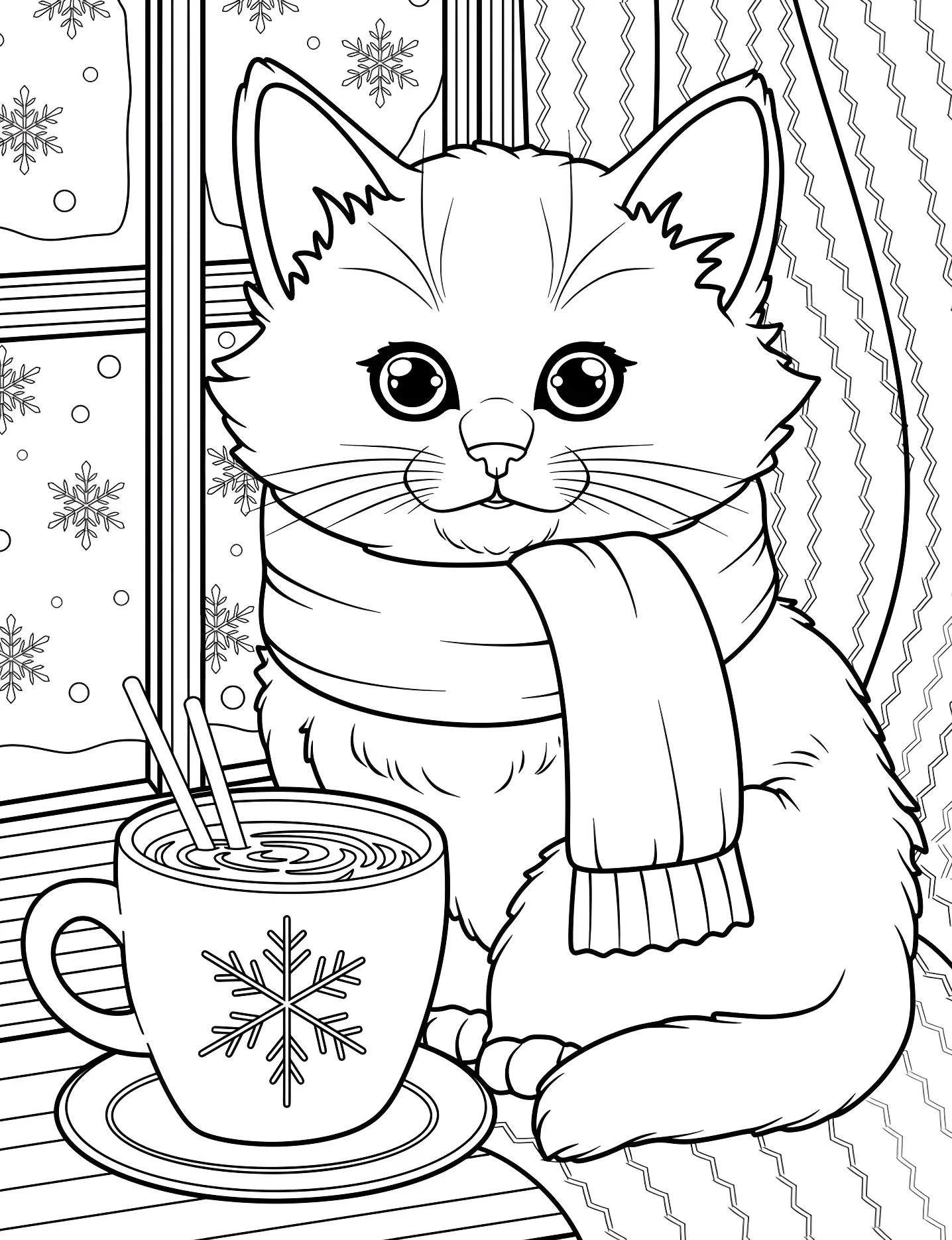 Милый котенок с шарфом и горячим напитком №8466. Раскраски для девочек по категориям. Котёнок (Kitten).