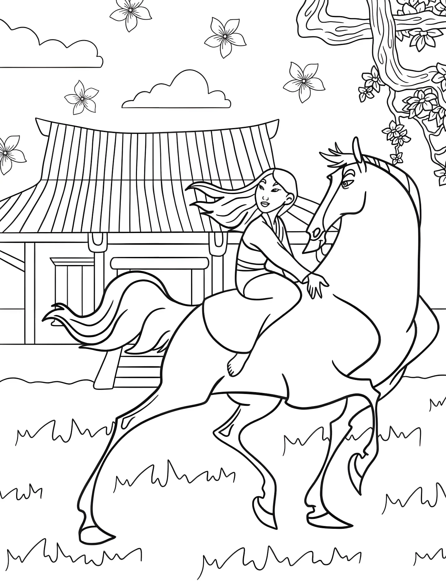 Мулан и Хан на скаку №8892. Раскраски для девочек по категориям. Мулан (Mulan).