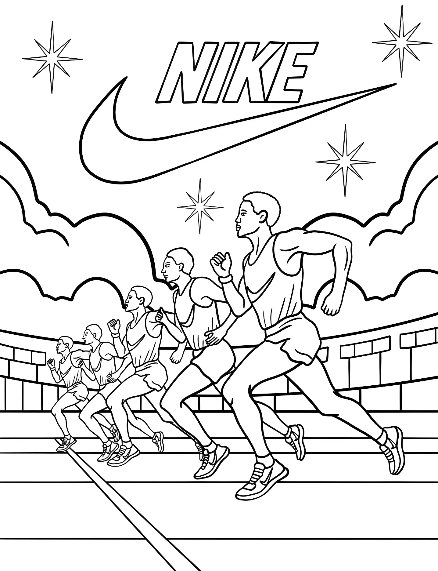 Бегуны на стадионе №9059. Раскраски для девочек по категориям. Найк (Nike).