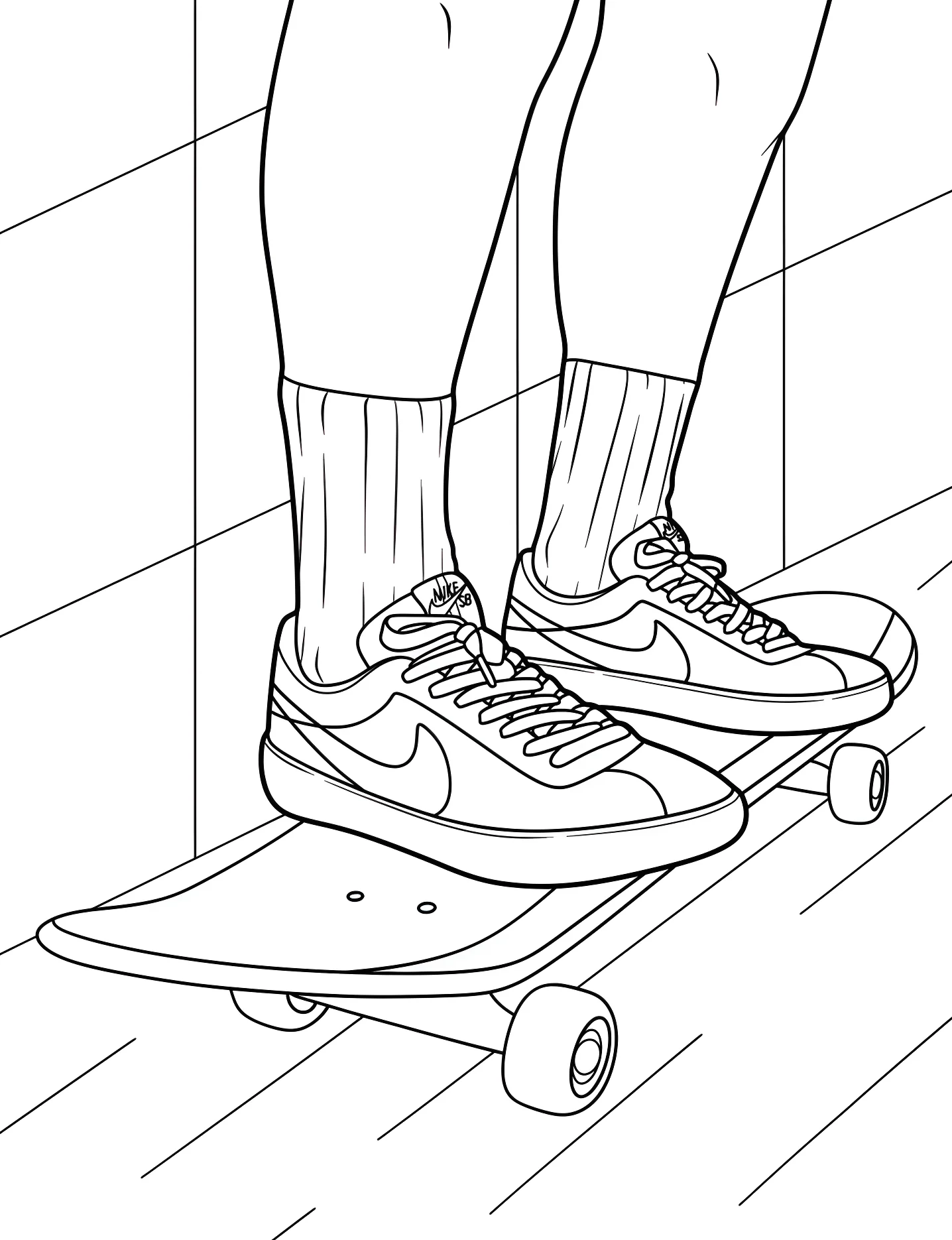 Скейтборд и кроссовки Nike №9060. Раскраски для девочек по категориям. Найк (Nike).