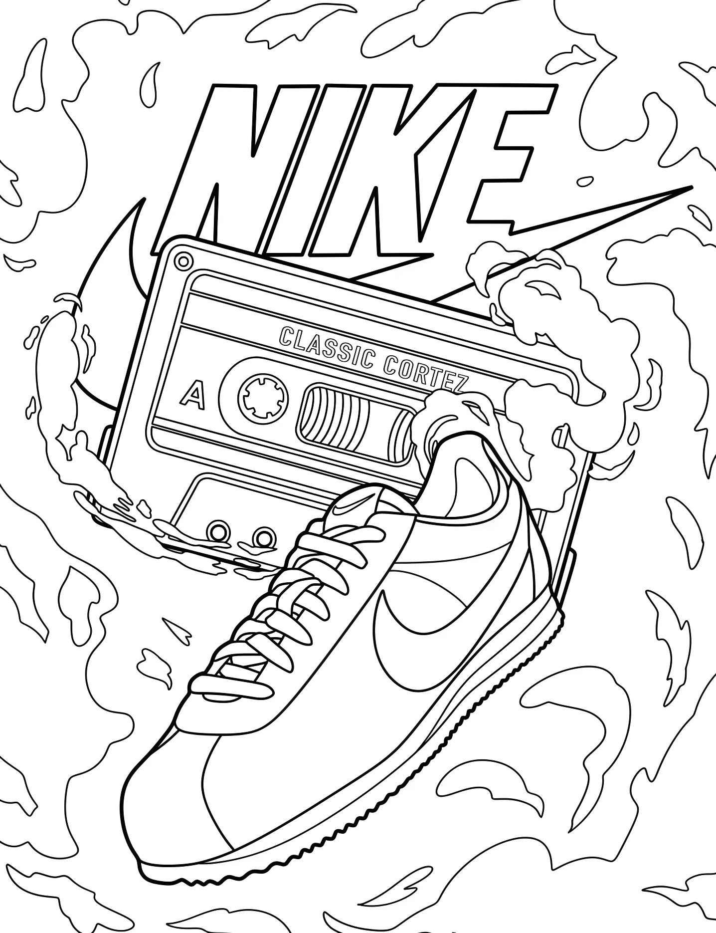 Крутые кроссовки Nike и кассета №9062. Раскраски для девочек по категориям. Найк (Nike).