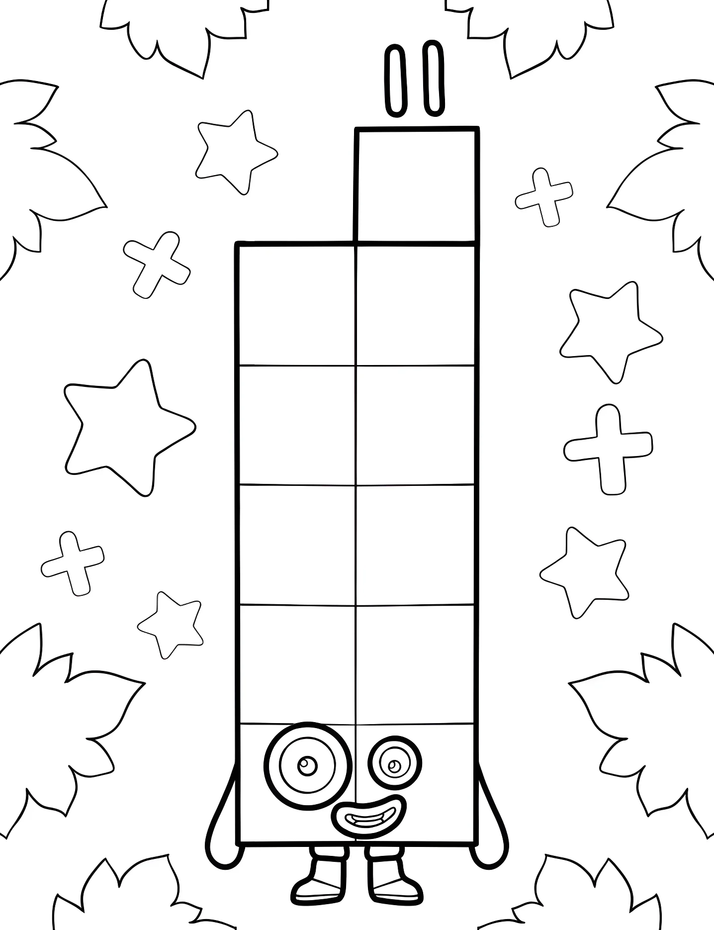 Веселый Numberblock Одиннадцать с листьями и звездами №9108. Раскраски для девочек по категориям. Нумерблоки (Numberblocks).