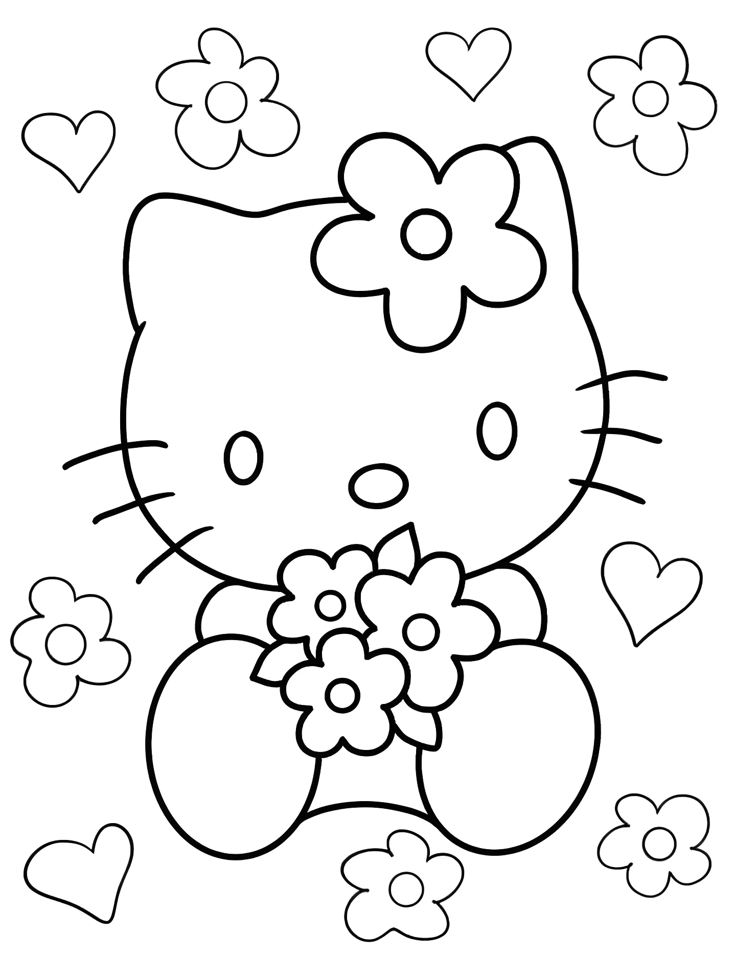 Милый Hello Kitty с цветами №8235. Раскраски для девочек по категориям. Хелло Китти (Hello Kitty).