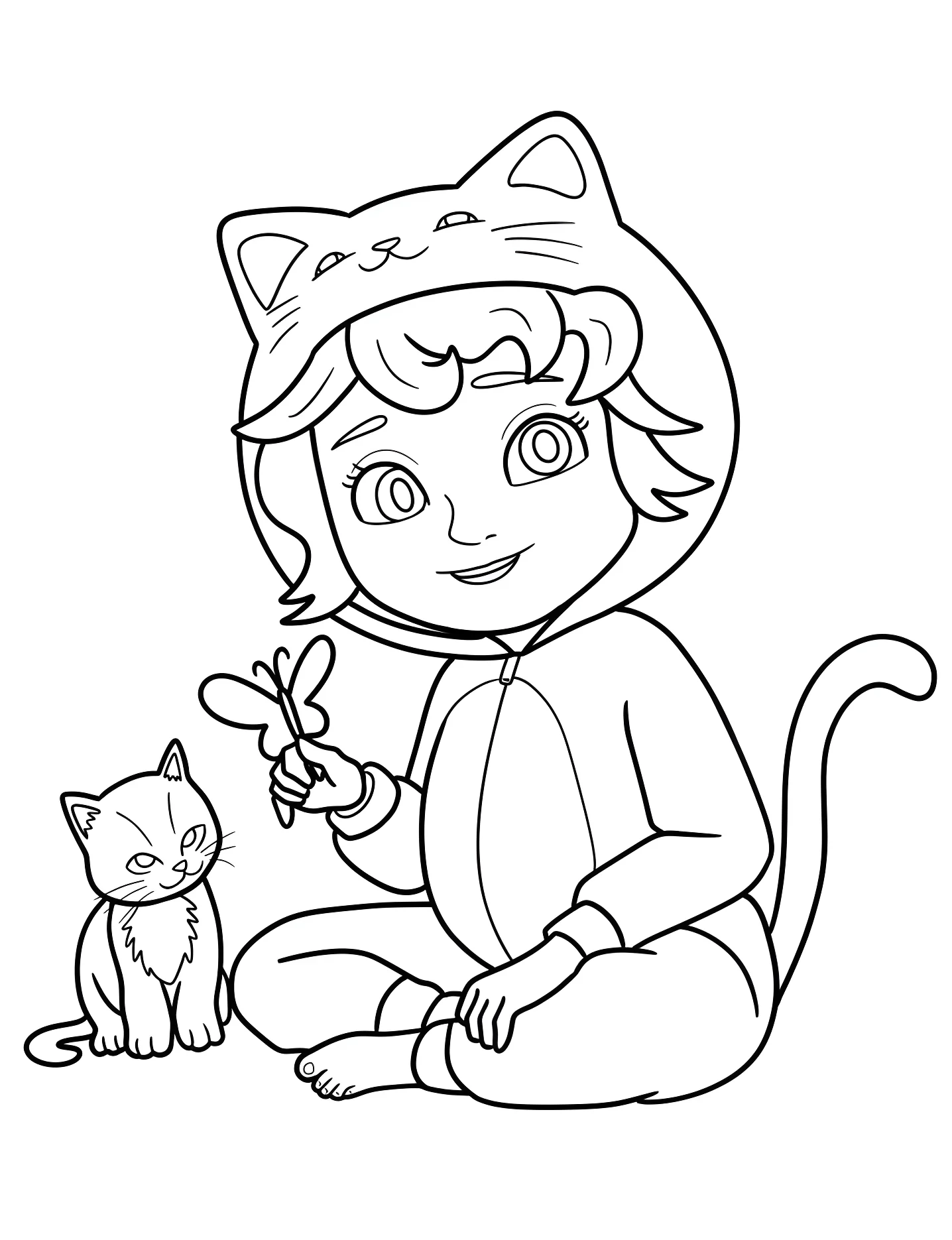 Милая девочка играет с котенком №6849. Раскраски для девочек по категориям. Милые картинки (Cute).