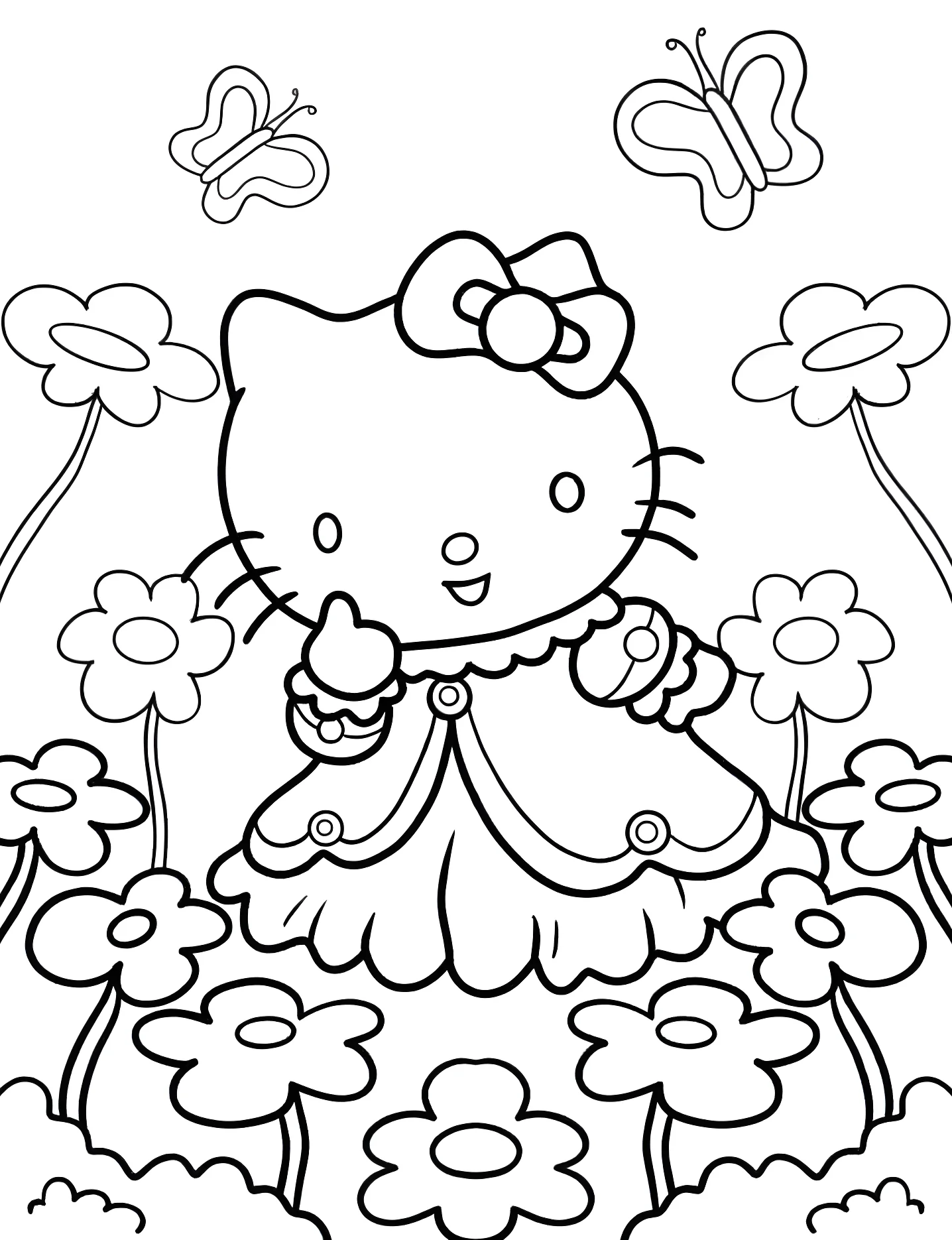 Принцесса Hello Kitty в поле цветов №8237. Раскраски для девочек по категориям. Хелло Китти (Hello Kitty).