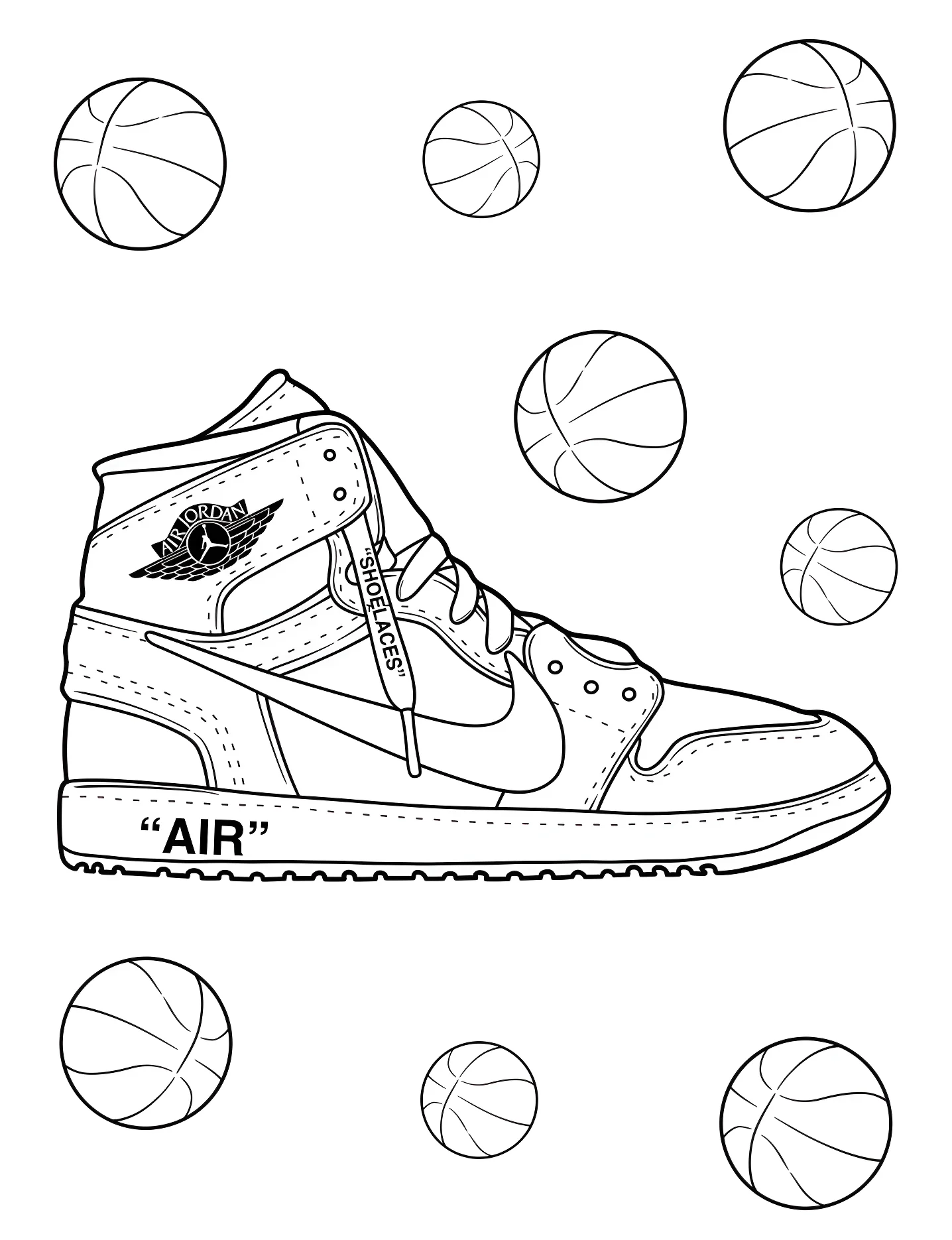 Крутые кроссовки Air Jordan и баскетбольные мячи №9066. Раскраски для девочек по категориям. Найк (Nike).