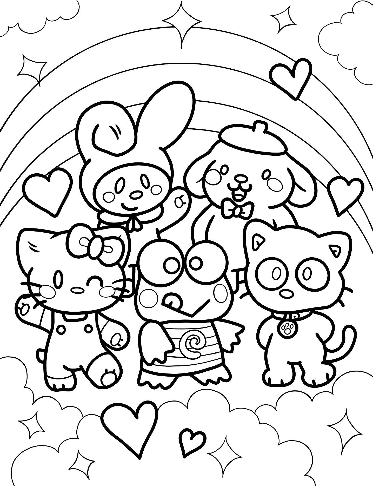 Друзья Sanrio под радугой №9820. Раскраски для девочек по категориям. Санрио (Sanrio).