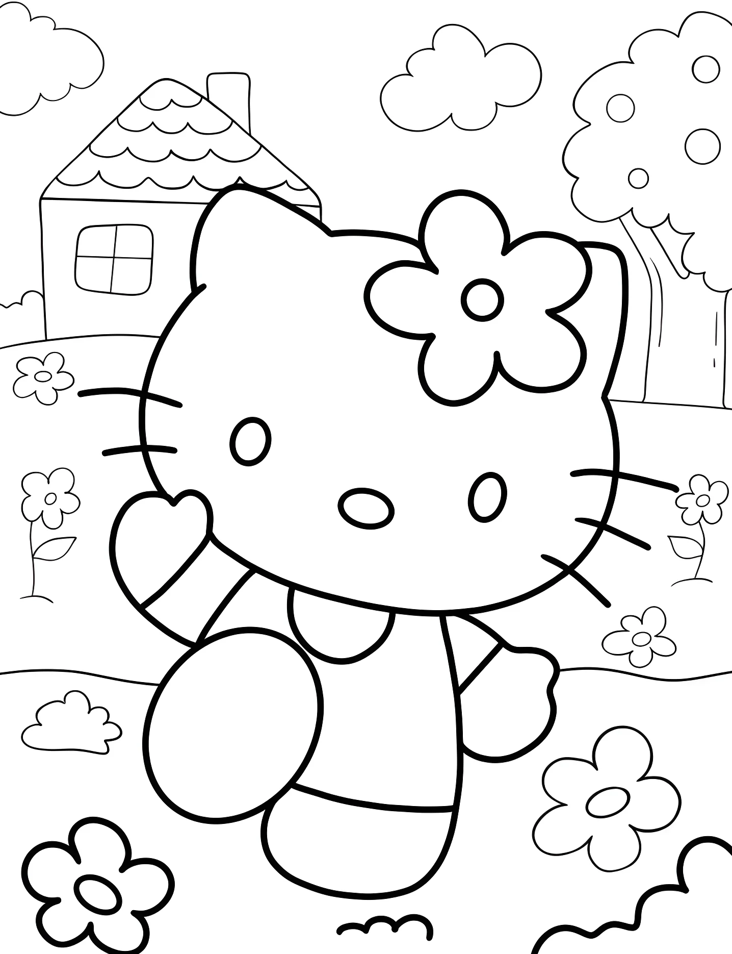 Веселый Hello Kitty машет лапкой №9821. Раскраски для девочек по категориям. Санрио (Sanrio).