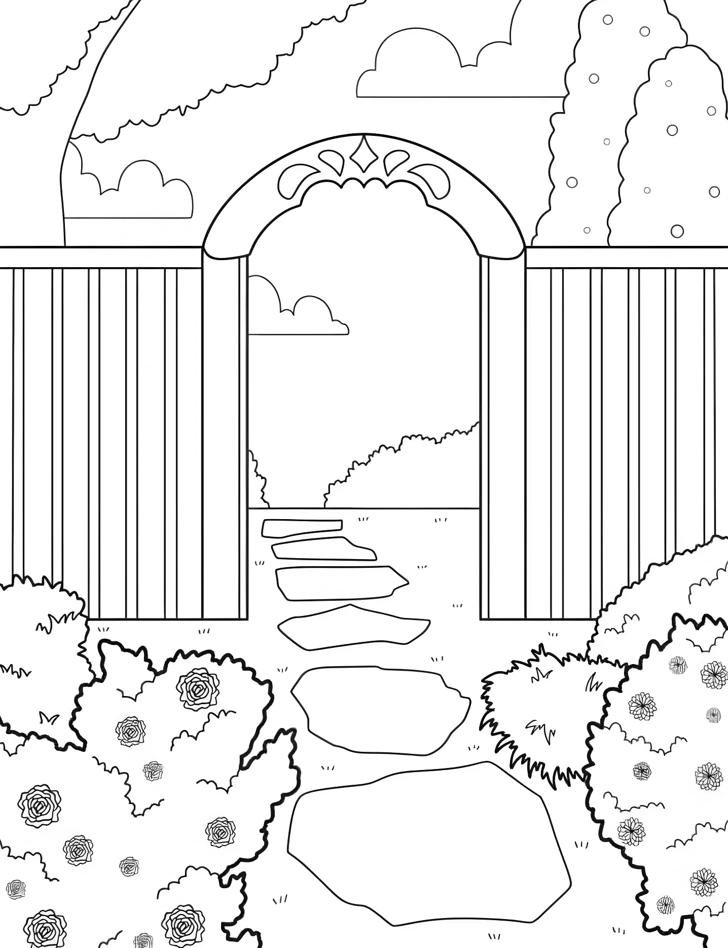 Красивый вход в сад №7750. Раскраски для девочек по категориям. Сад (Garden).
