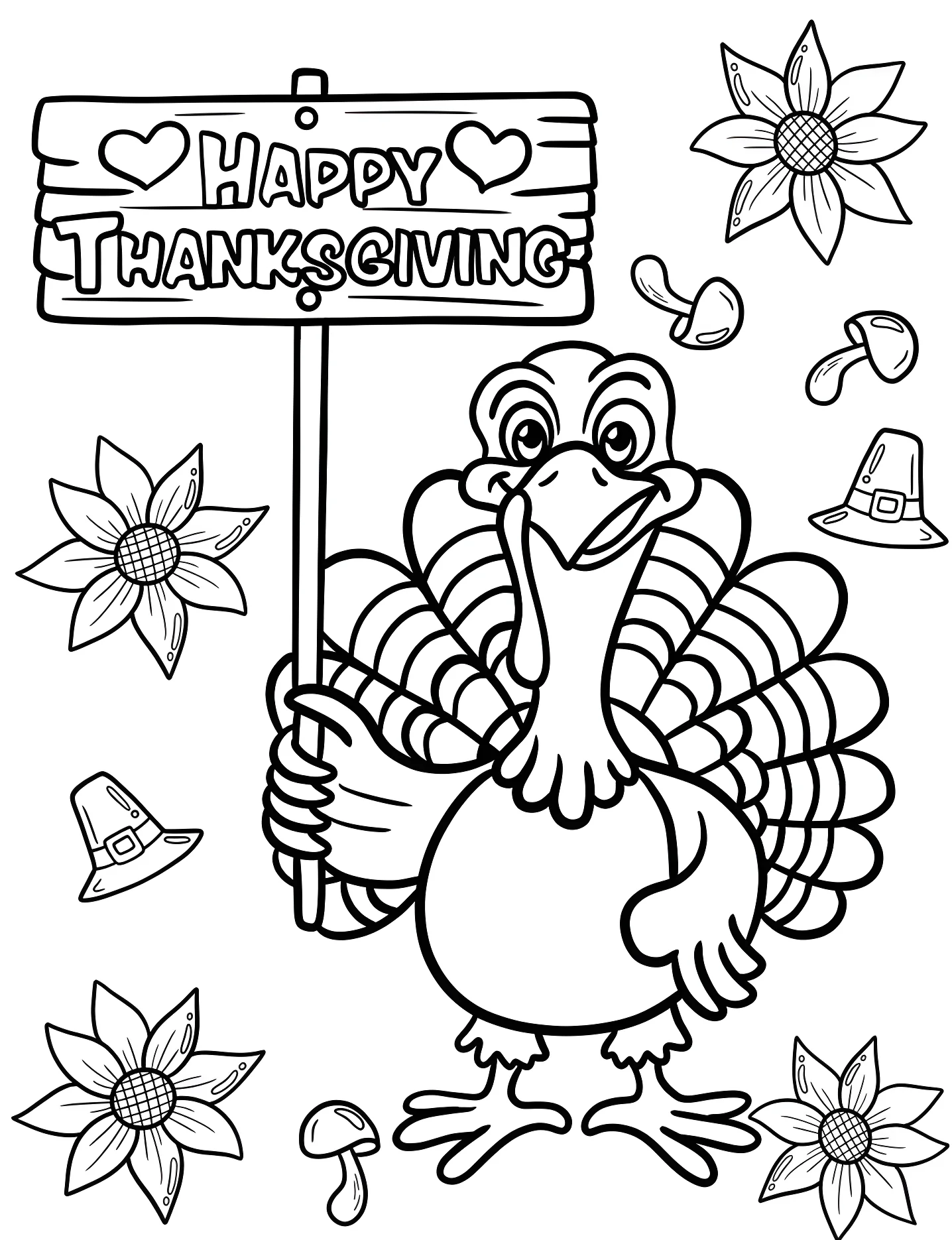 Милый индюк с табличкой Happy Thanksgiving №10673. Раскраски для девочек по категориям. Индейка (Turkey).