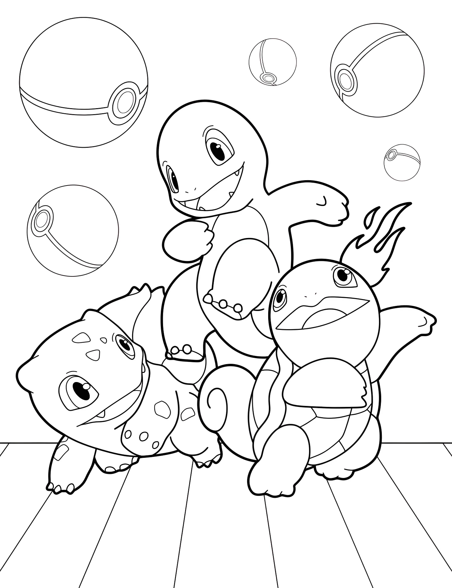 Веселые покемоны Squirtle Bulbasaur Charmander №6266. Раскраски для девочек по категориям. Чармандер (Charmander).