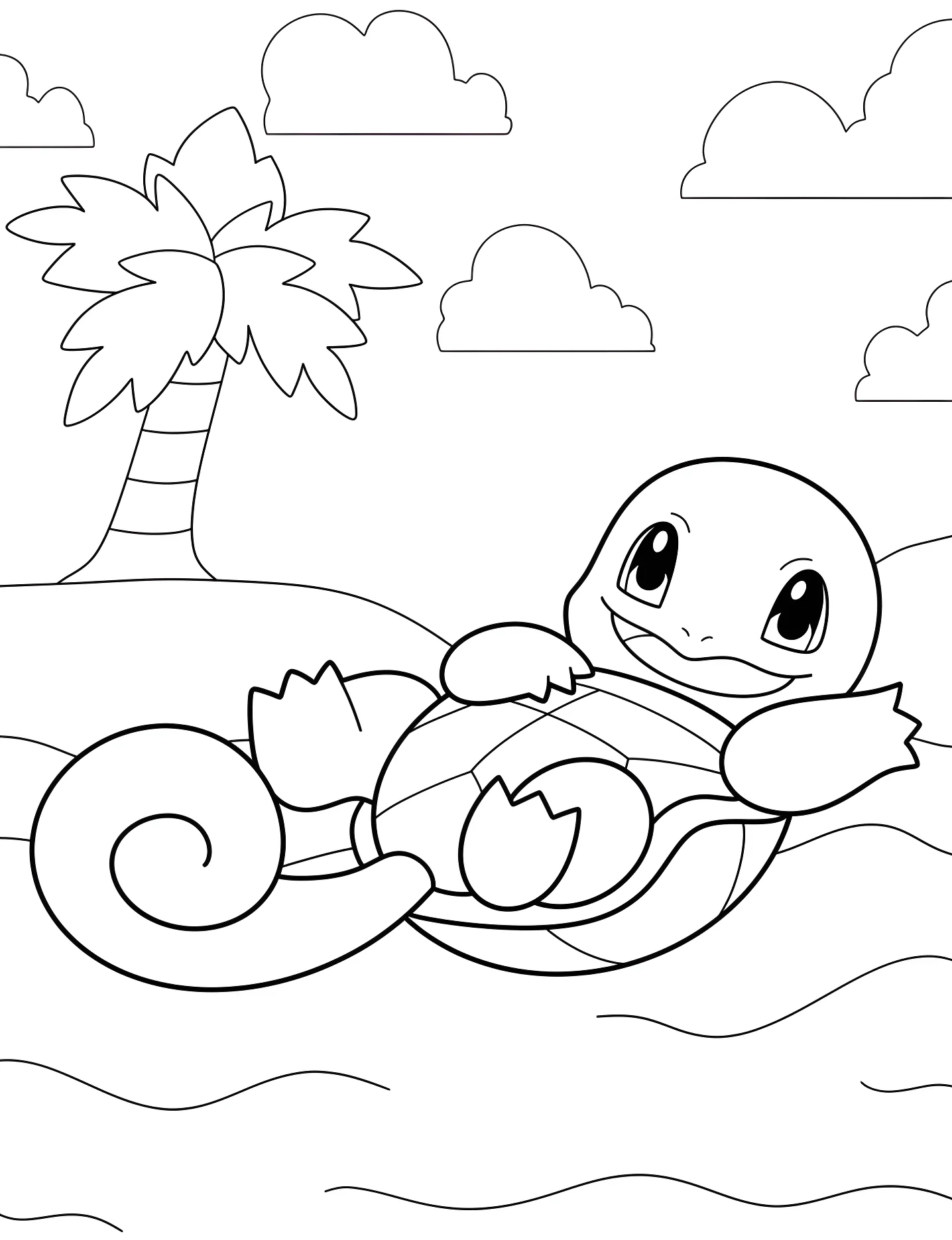 Веселый Squirtle отдыхает на песке №10059. Раскраски для девочек по категориям. Сквиртл (Squirtle).