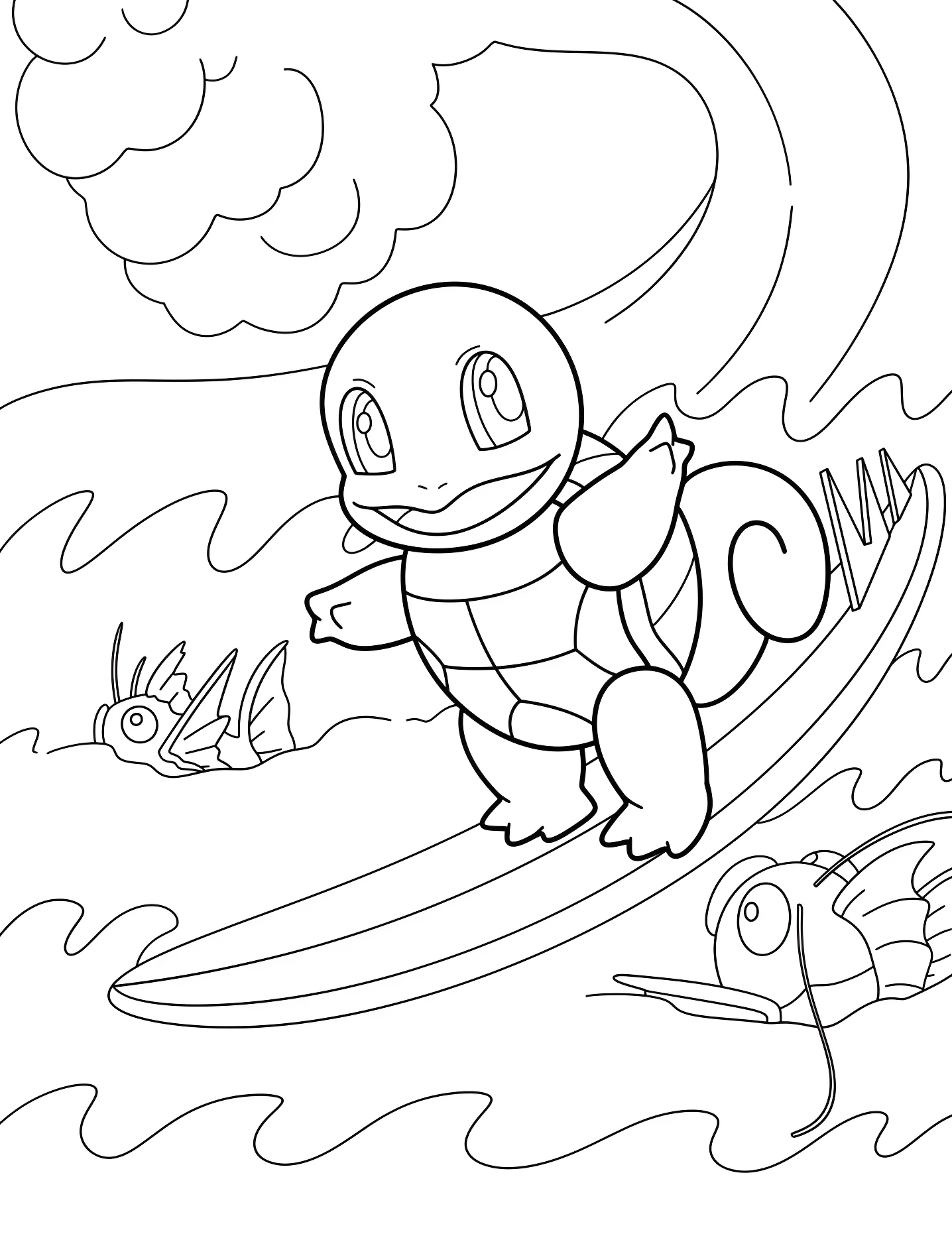 Веселый Squirtle катается на волне №10062. Раскраски для девочек по категориям. Сквиртл (Squirtle).