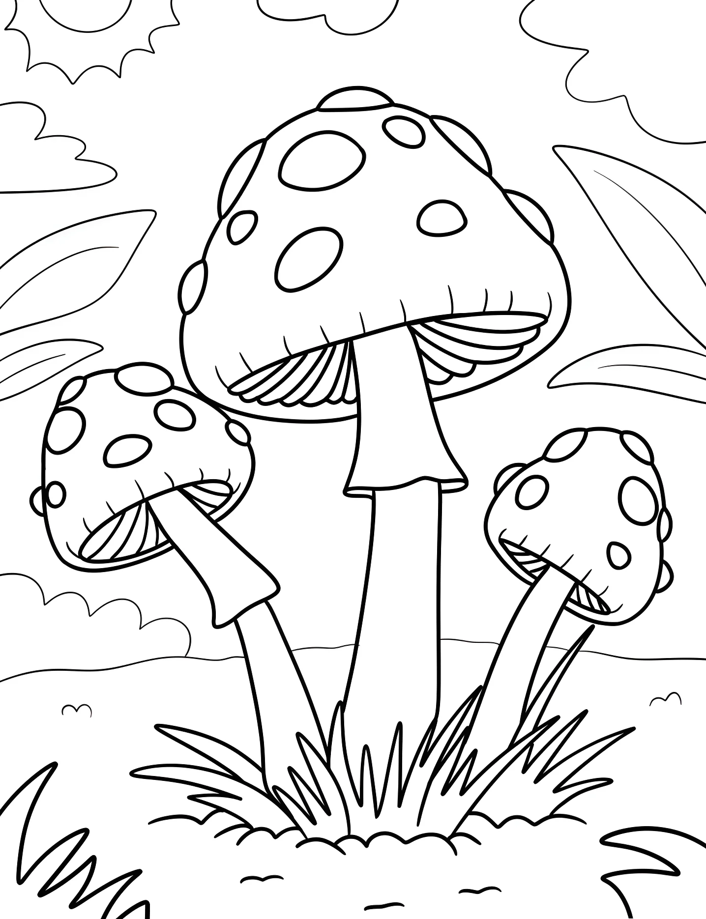 Три гриба среди трав №8946. Раскраски для девочек по категориям. Гриб (Mushroom).