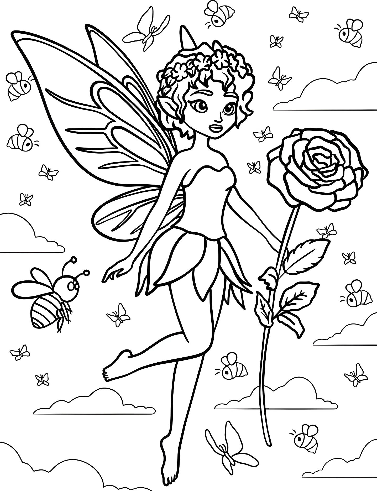 Милая фея с розой №7293. Раскраски для девочек по категориям. Фея (Fairy).