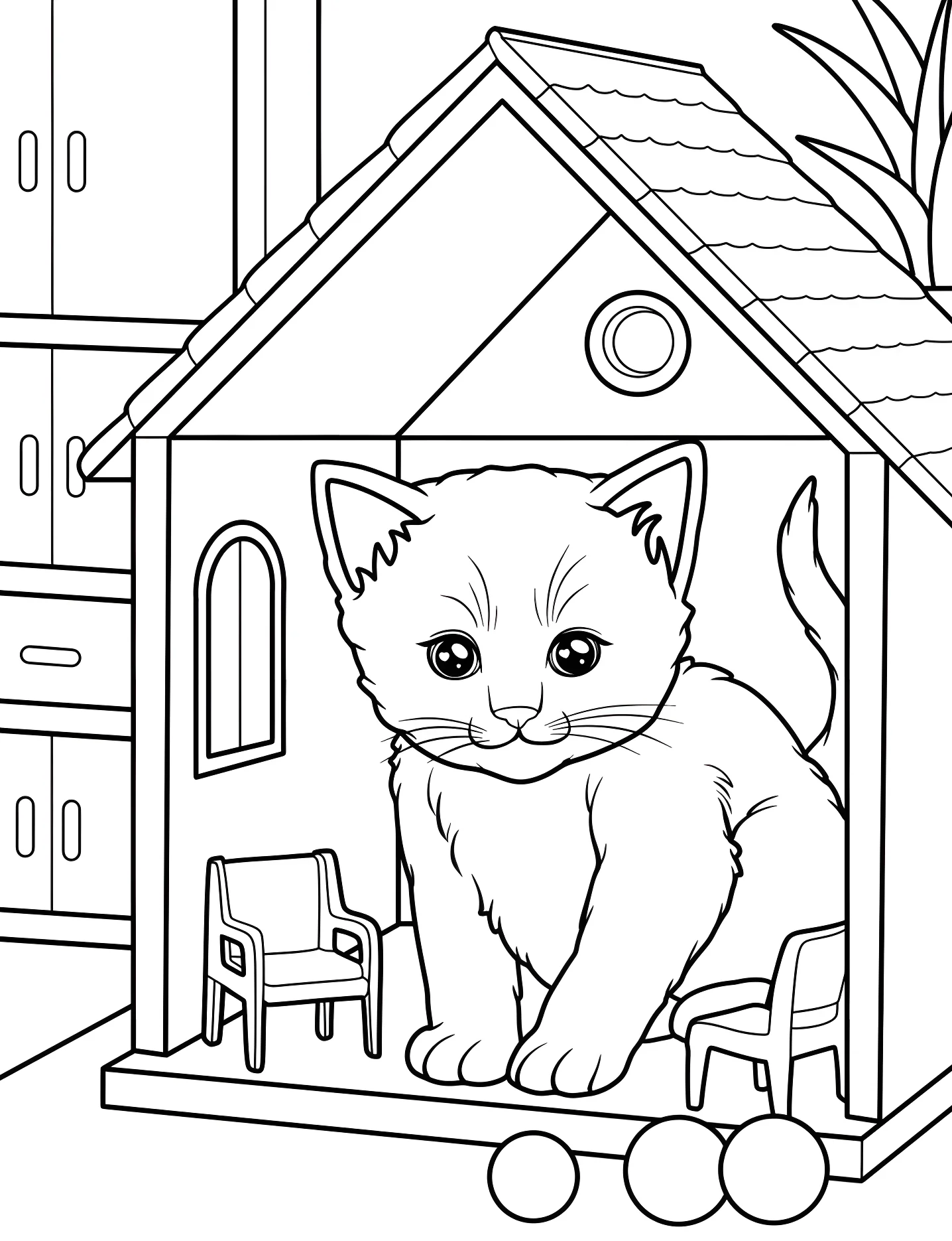 Милый котенок в домике №8494. Раскраски для девочек по категориям. Котёнок (Kitten).