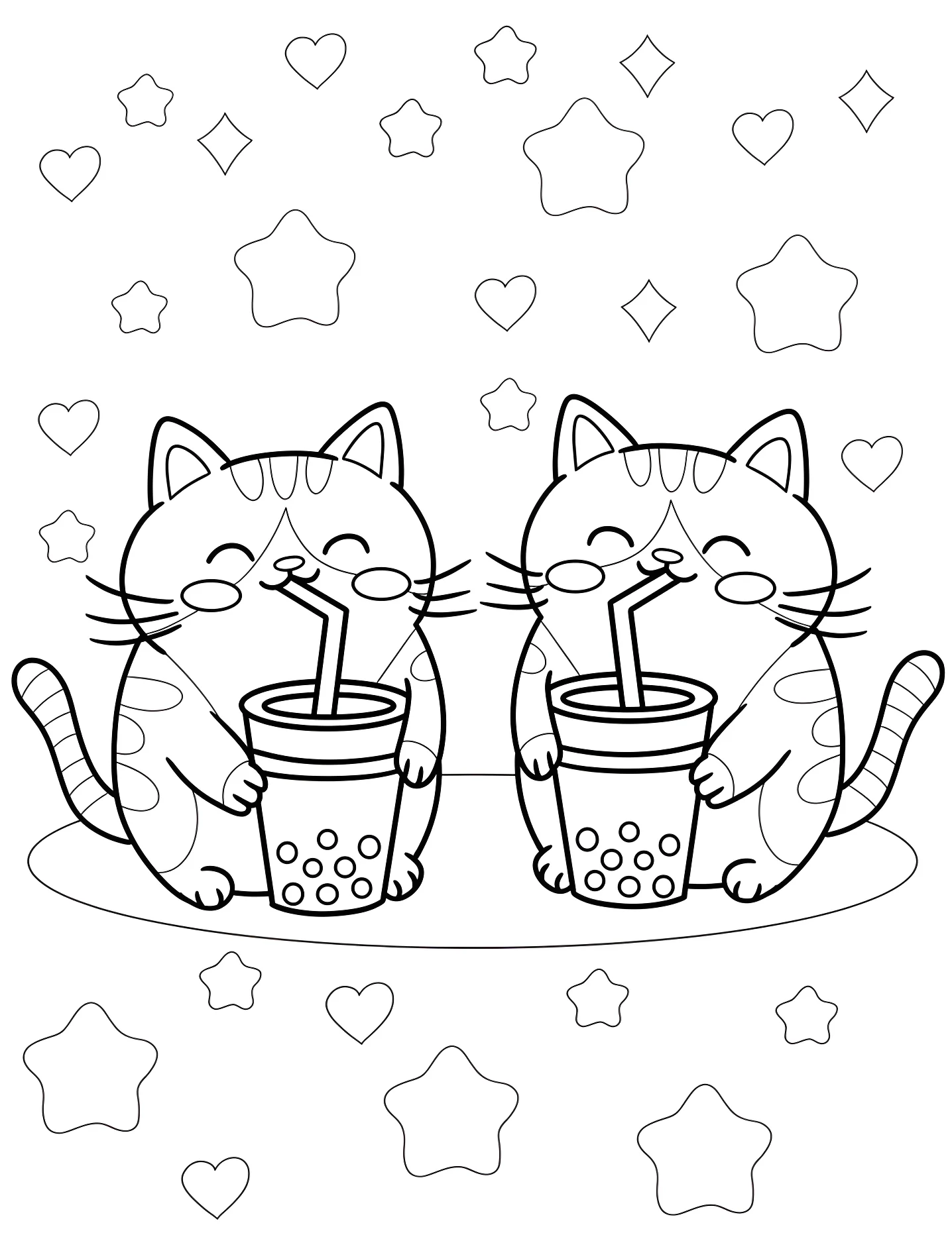 Два милых котенка пьют чай с шариками №5675. Раскраски для девочек по категориям. Боба-чай (Boba Tea).