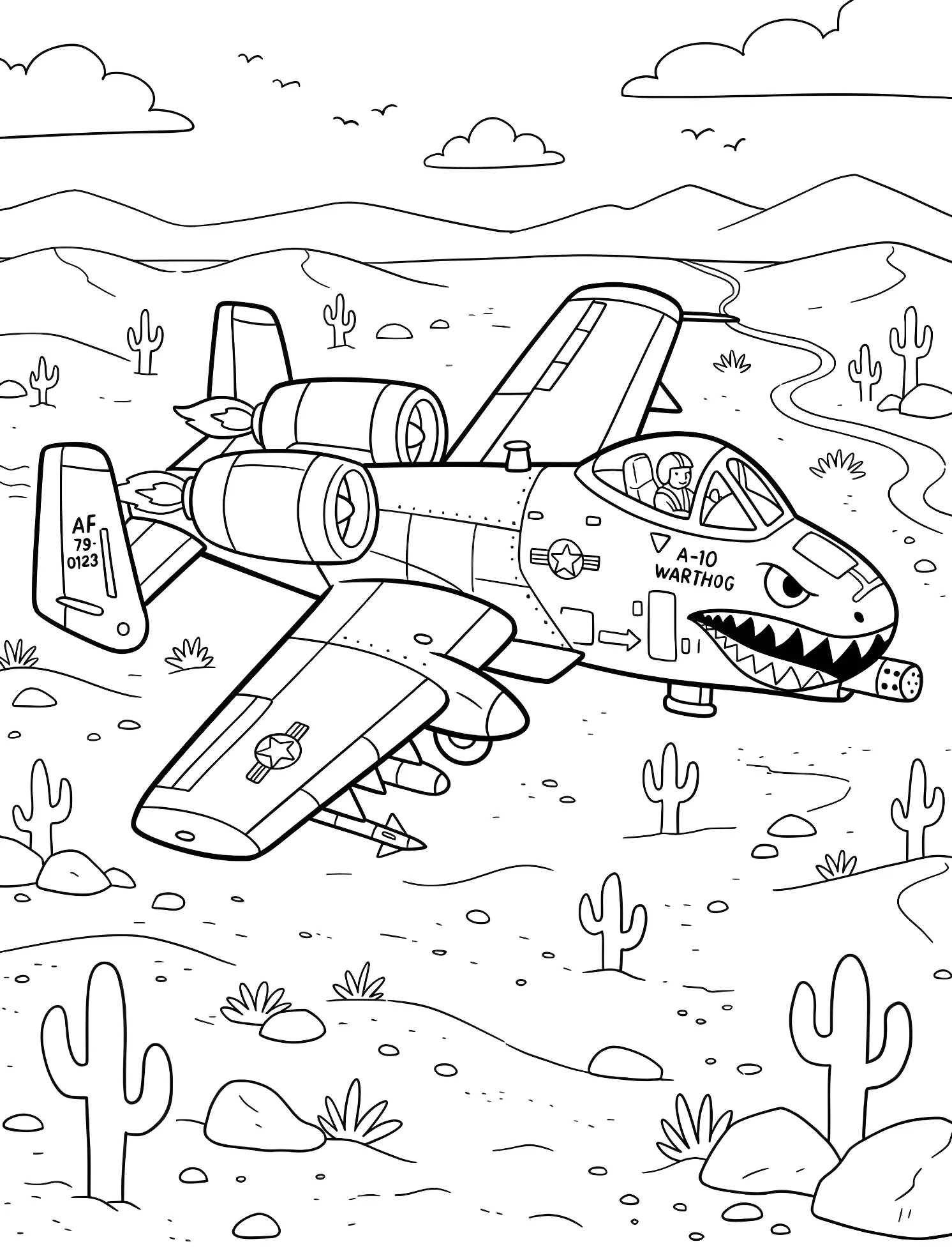 Военный самолет A-10 над пустыней №6411. Раскраски для мальчиков по категориям. Самолёт (Jet).