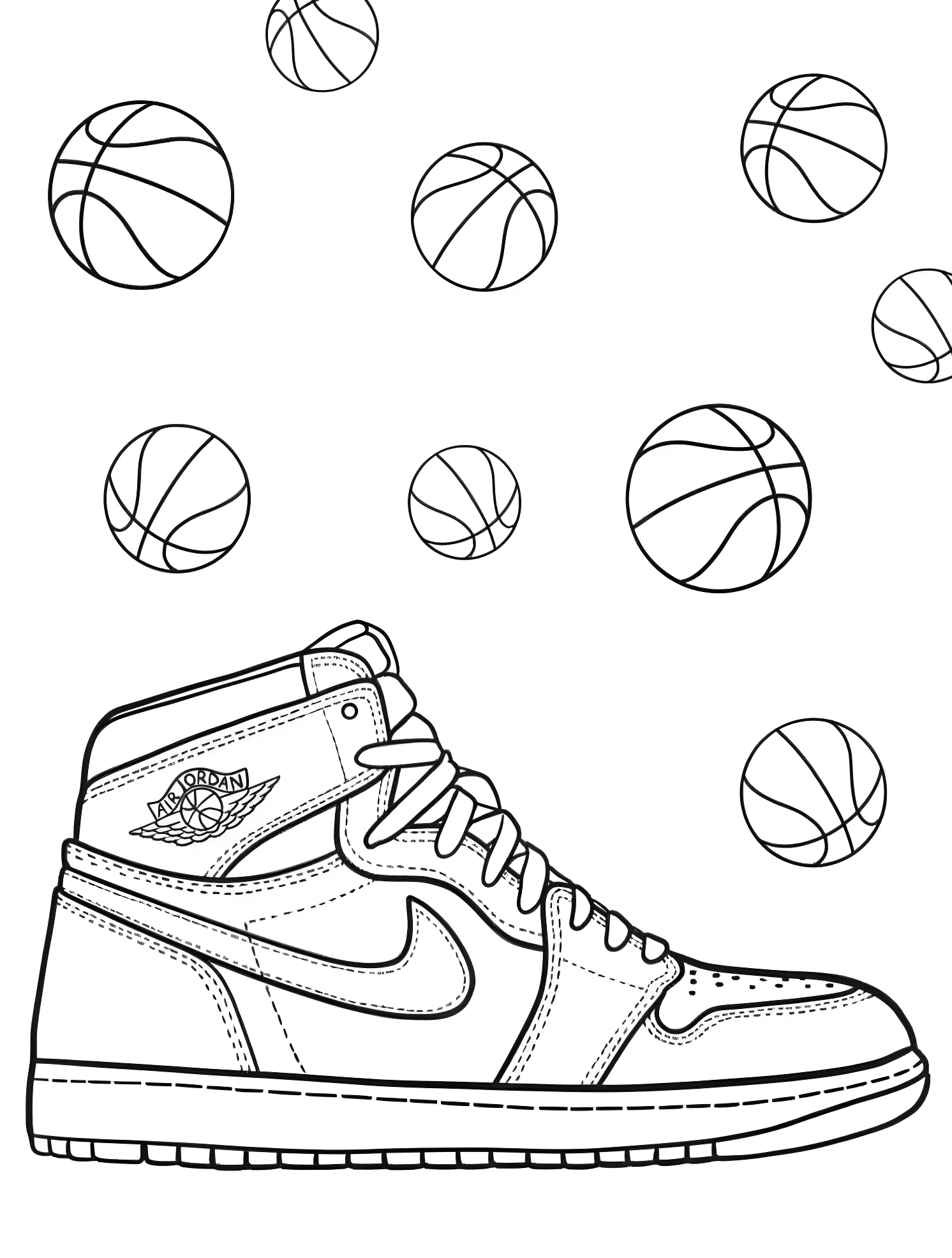 Крутые кроссовки Air Jordan и баскетбольные мячи №4864. Раскраски для мальчиков по категориям. Баскетбол (Basketball).