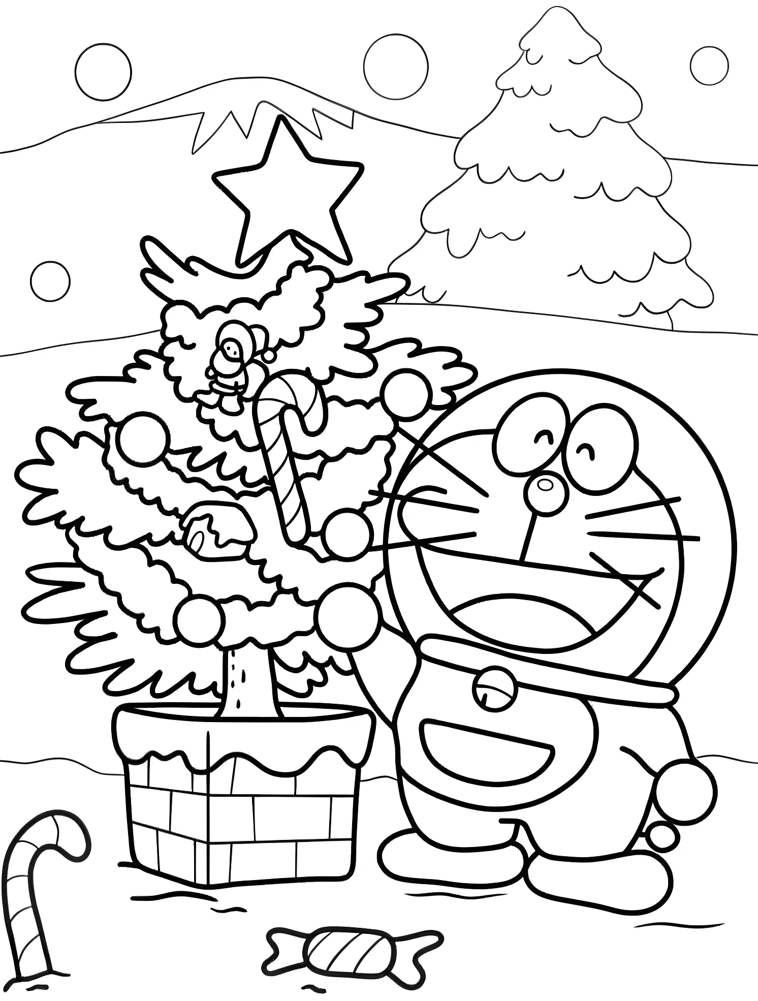 Дoraemon и новогодняя елка №5639. Раскраски для мальчиков по категориям. Дораэмон (Doraemon).