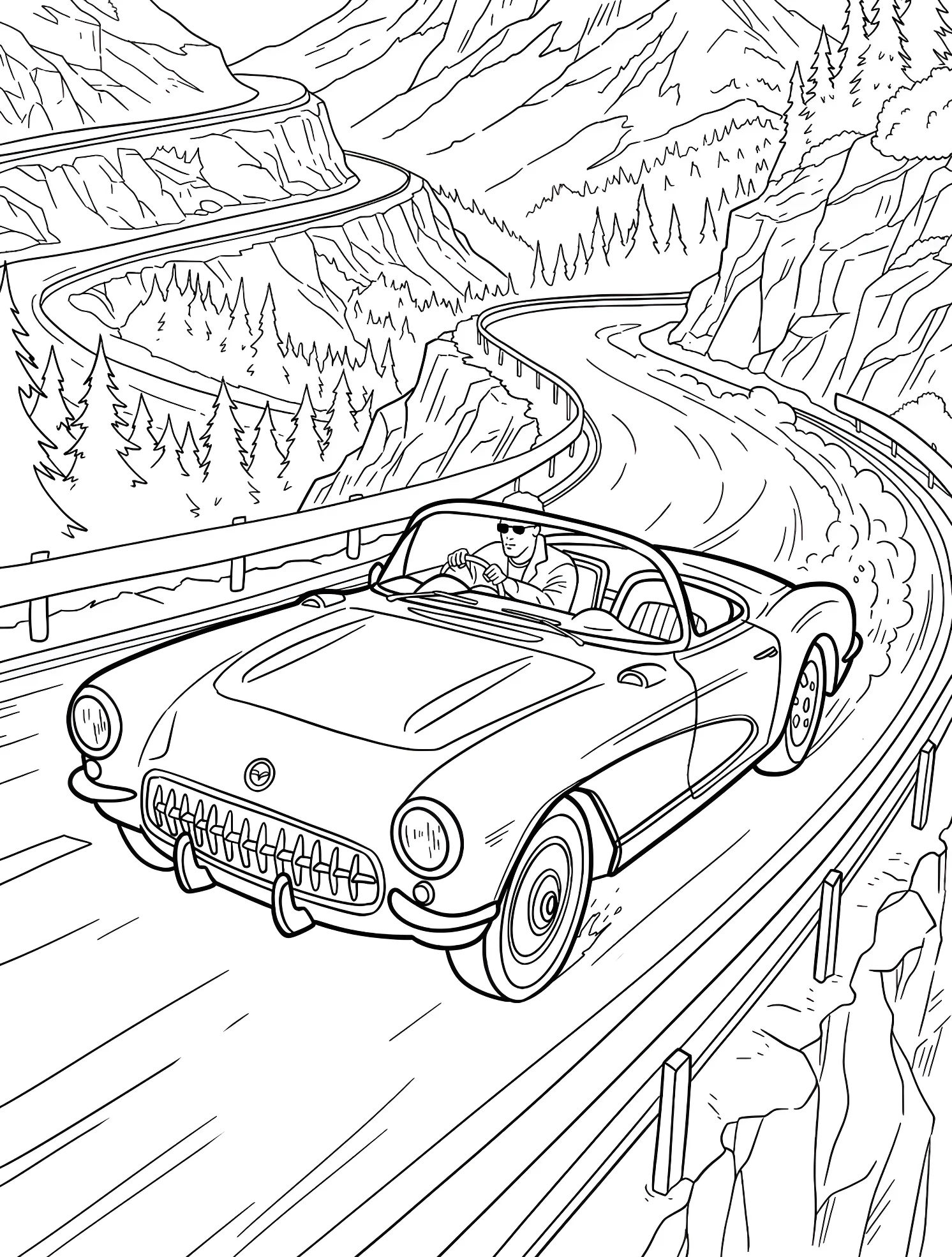 Спортивный автомобиль на извилистой горной дороге №5410. Раскраски для мальчиков по категориям. Шевроле Корветт (Corvette).