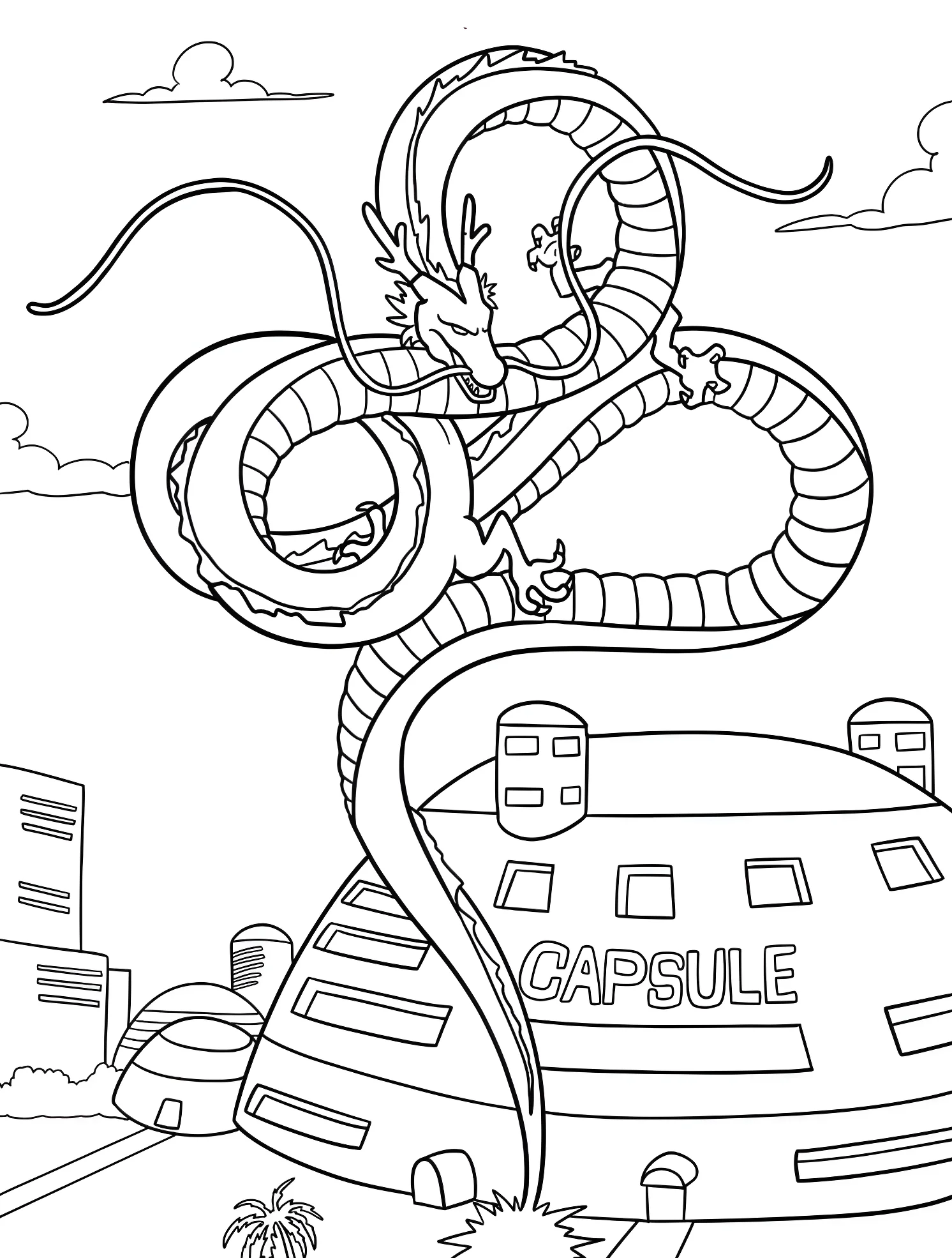 Дракон над домом Capsule Corporation №5677. Раскраски для мальчиков по категориям. Дракон (Dragon).