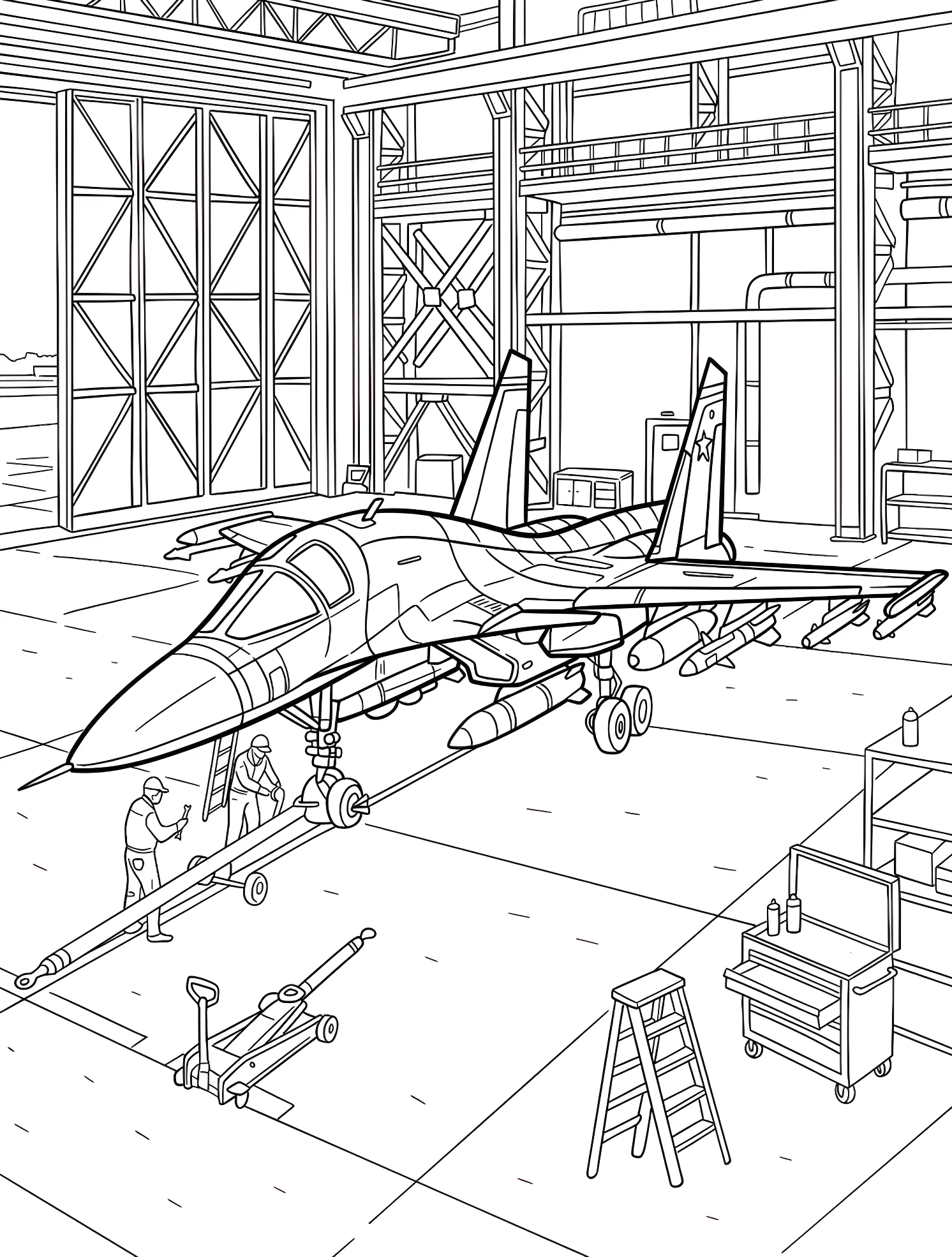 Истребитель F-15 в ангаре №6428. Раскраски для мальчиков по категориям. Самолёт (Jet).