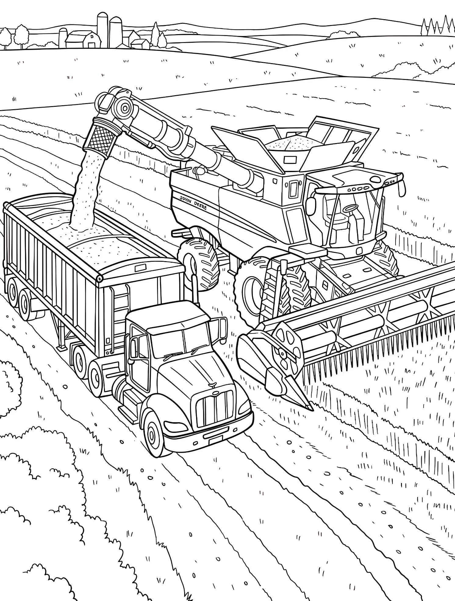 Комбайн John Deere и полугрузовик №6465. Раскраски для мальчиков по категориям. John Deere.
