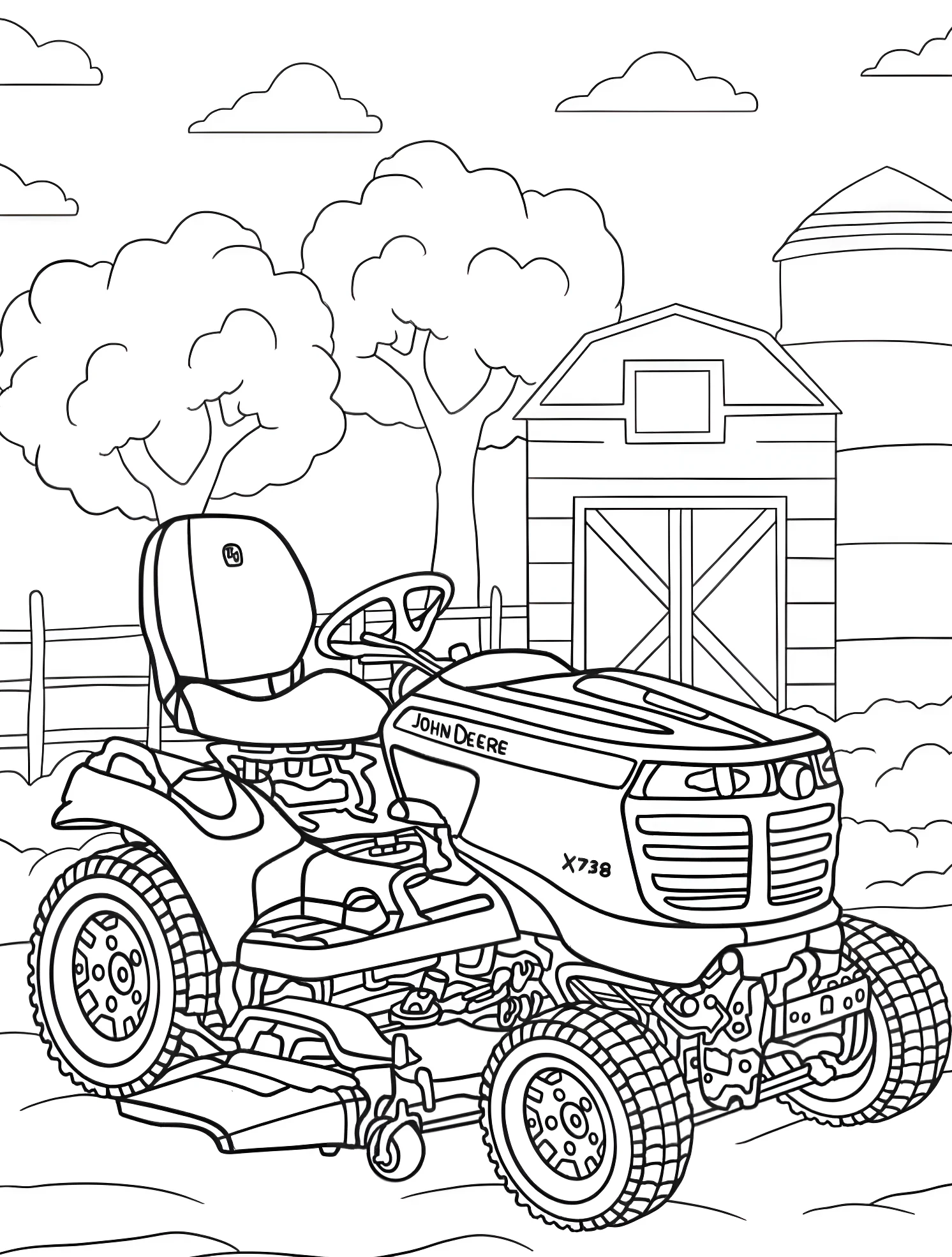 Трактор John Deere перед сараем №6475. Раскраски для мальчиков по категориям. John Deere.