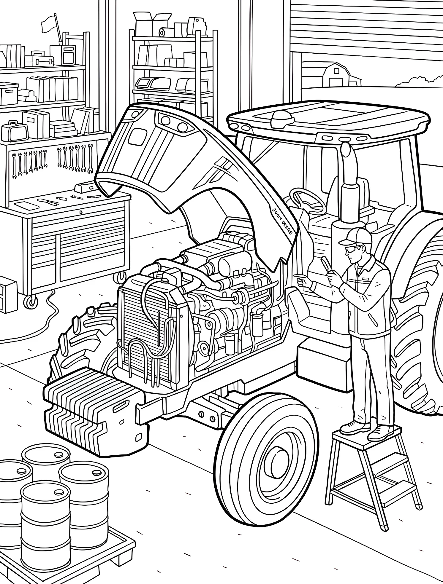 Трактор John Deere в сервисе №6484. Раскраски для мальчиков по категориям. John Deere.