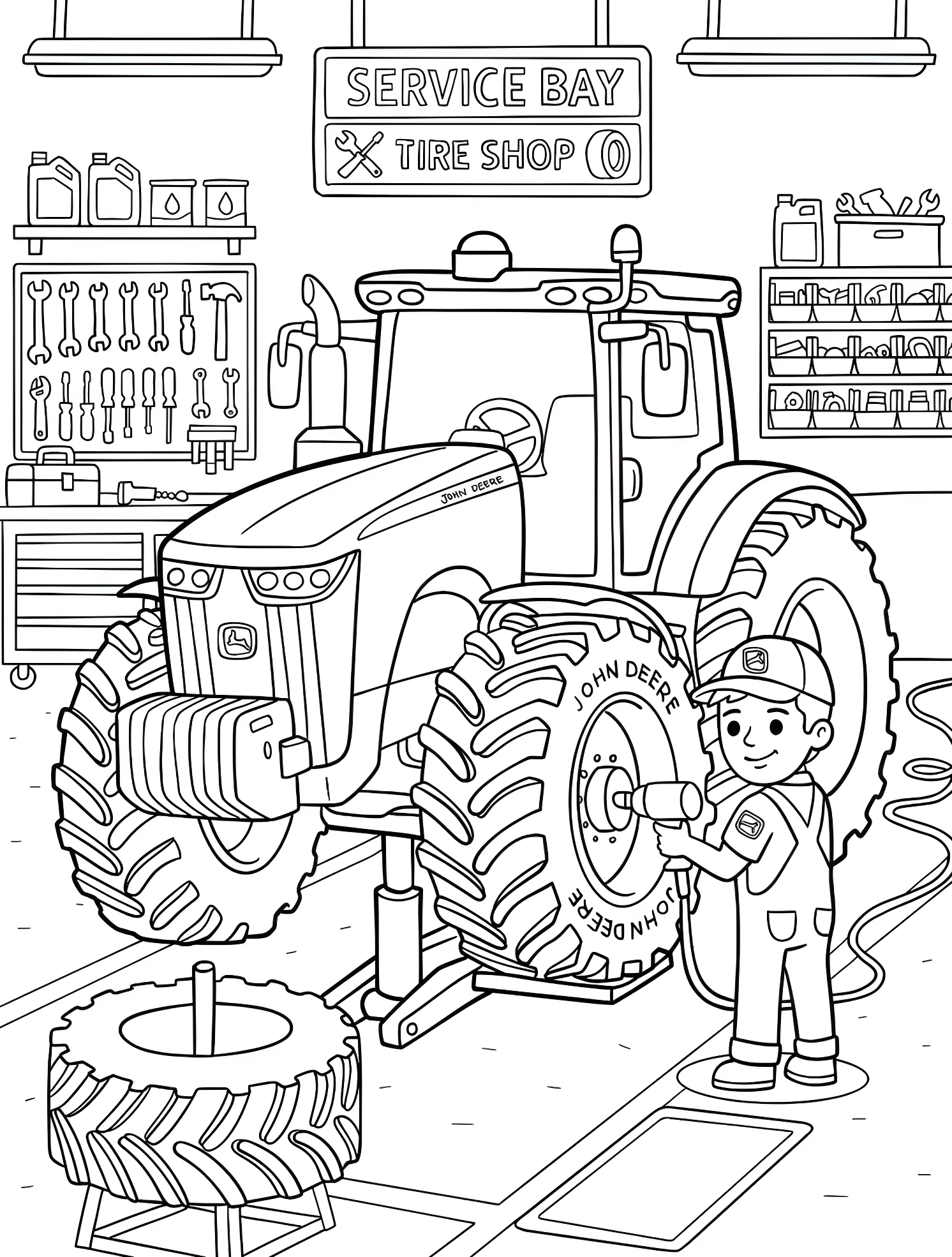 Трактор John Deere в автосервисе №6473. Раскраски для мальчиков по категориям. John Deere.
