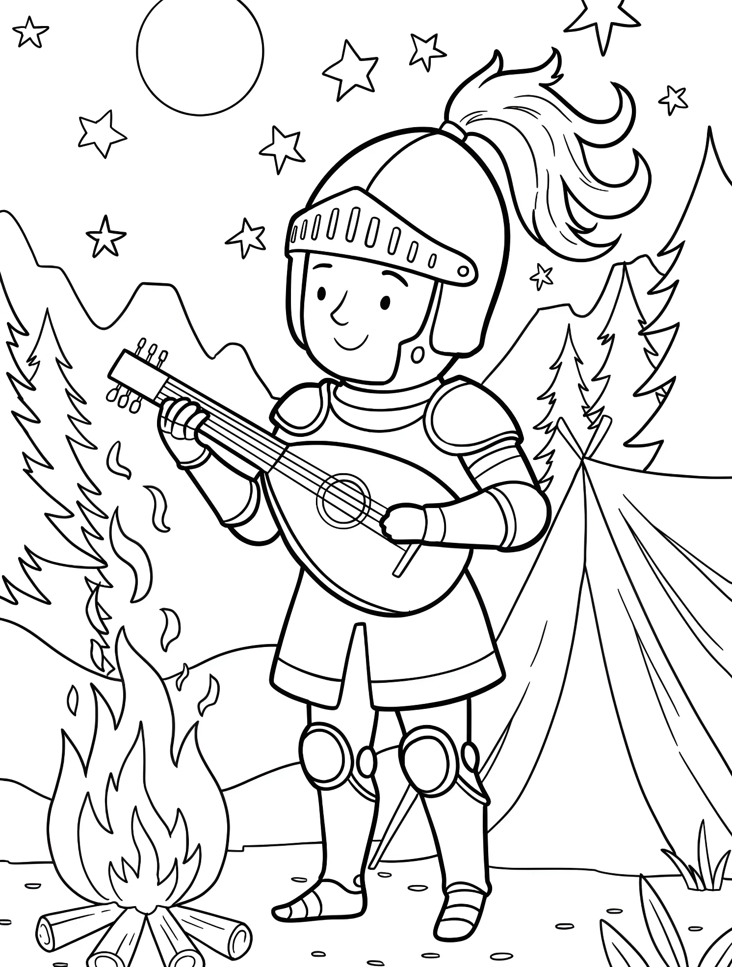 Рыцарь с гитарой у костра №6606. Раскраски для мальчиков по категориям. Рыцарь (Knight).