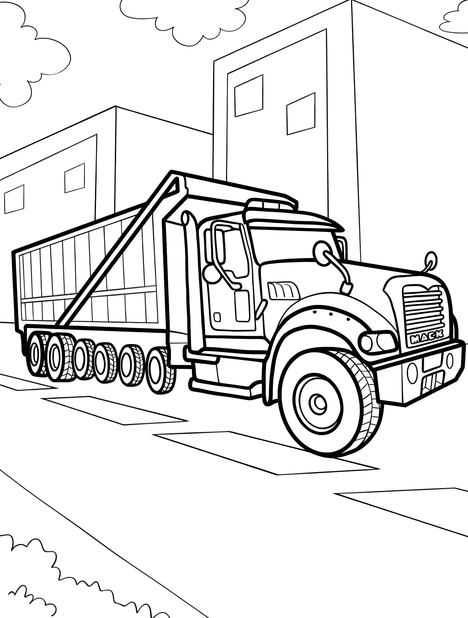 Большой самосвал Mack №7755. Раскраски для мальчиков по категориям. Грузовик (Truck).